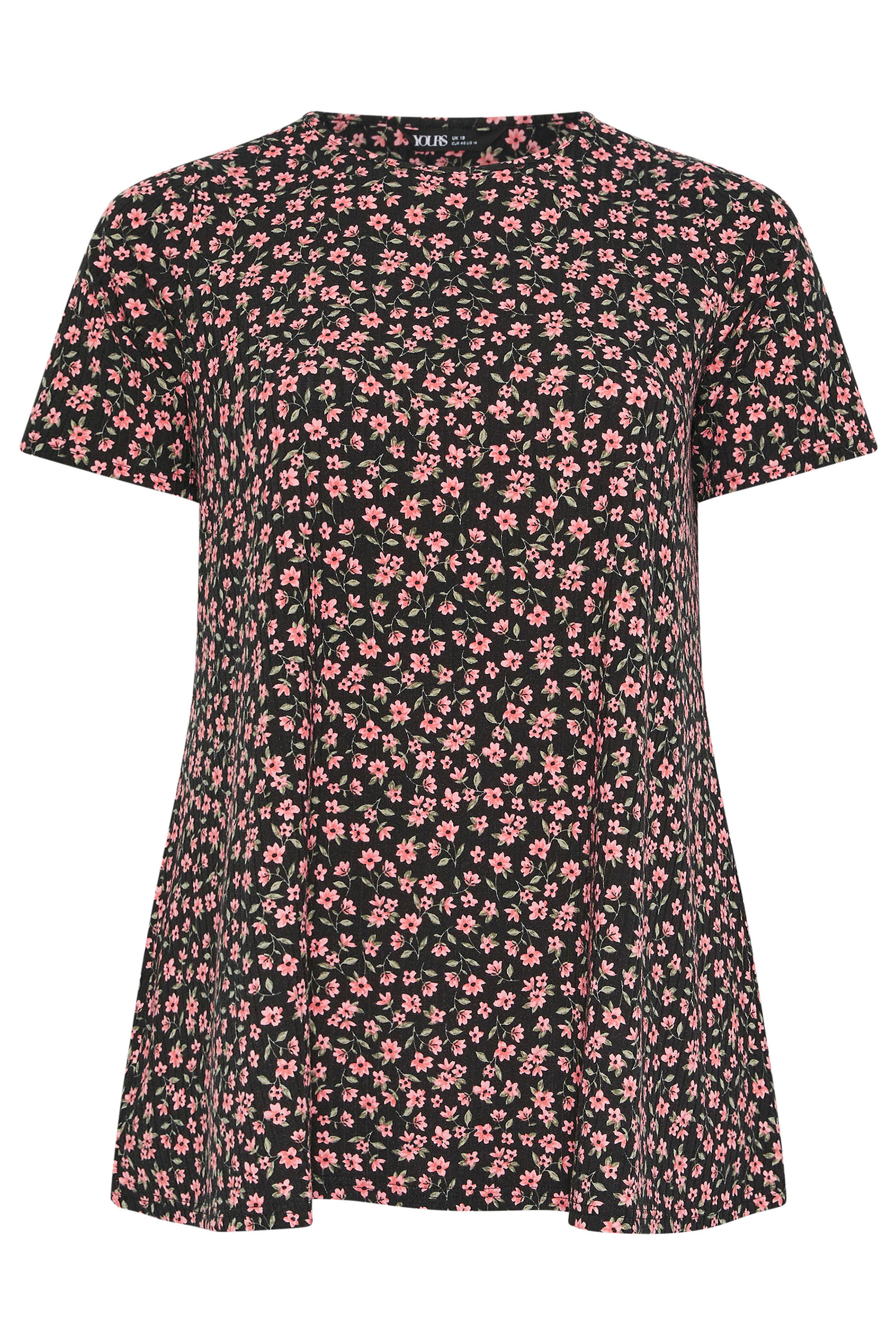 YOURS Plus Size Black Floral Ribbed Swing Top | Yours Clothing 5