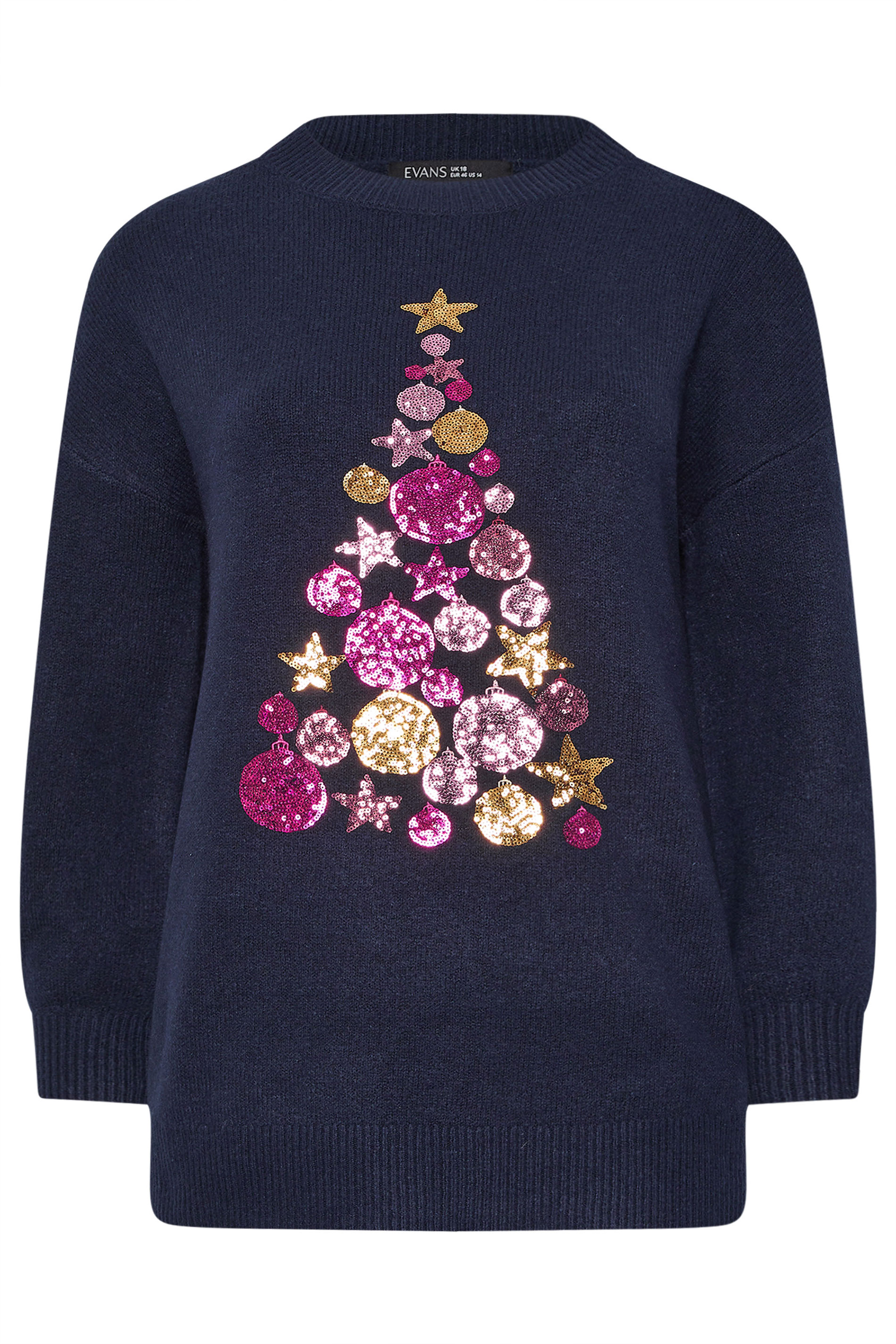 EVANS Plus Size Navy Blue Sequin Embellished Baubles Christmas Jumper | Evans 5
