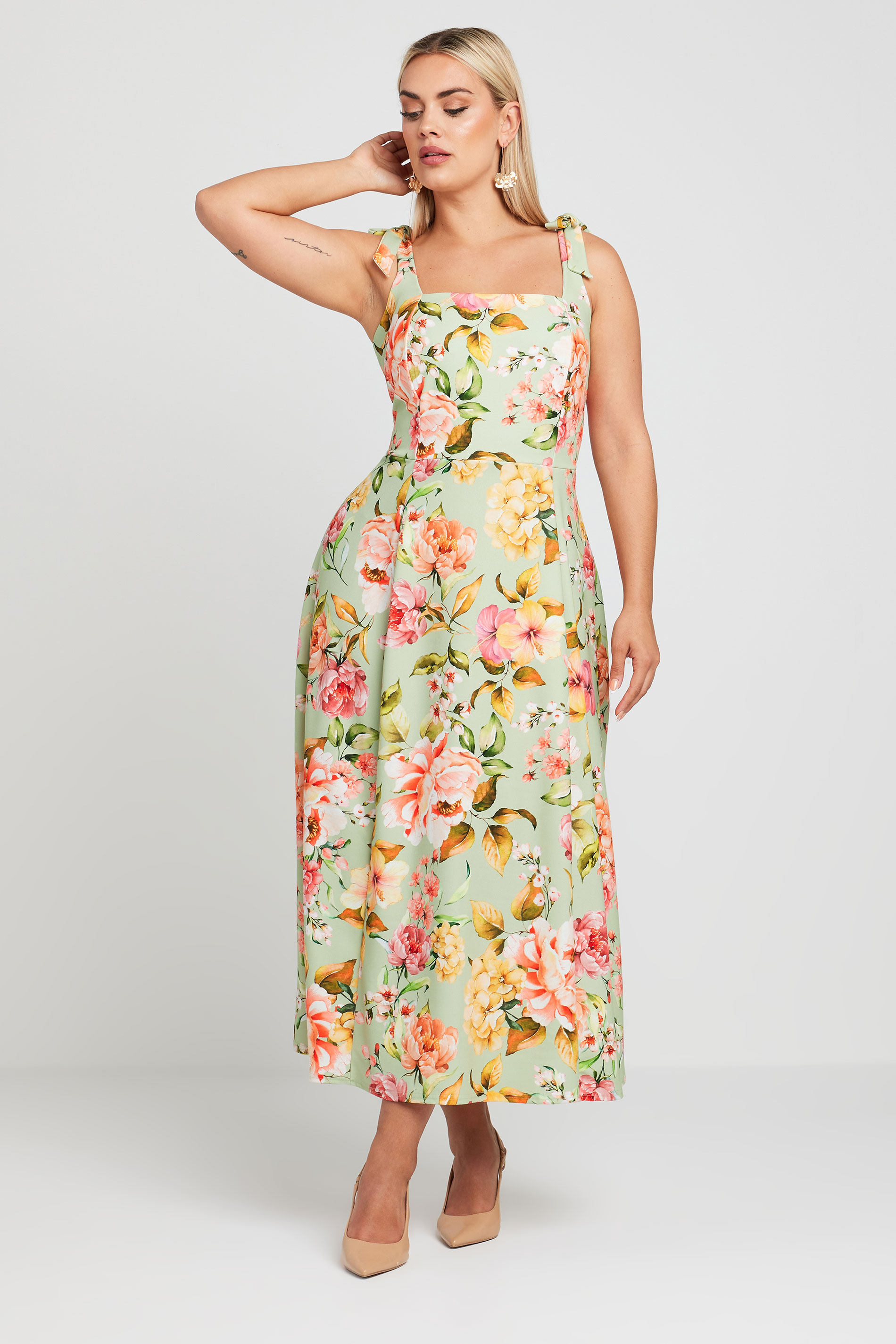 LIMITED COLLECTION Plus Size Green Floral Print Bow Strap Midaxi Dress | Yours Clothing 1