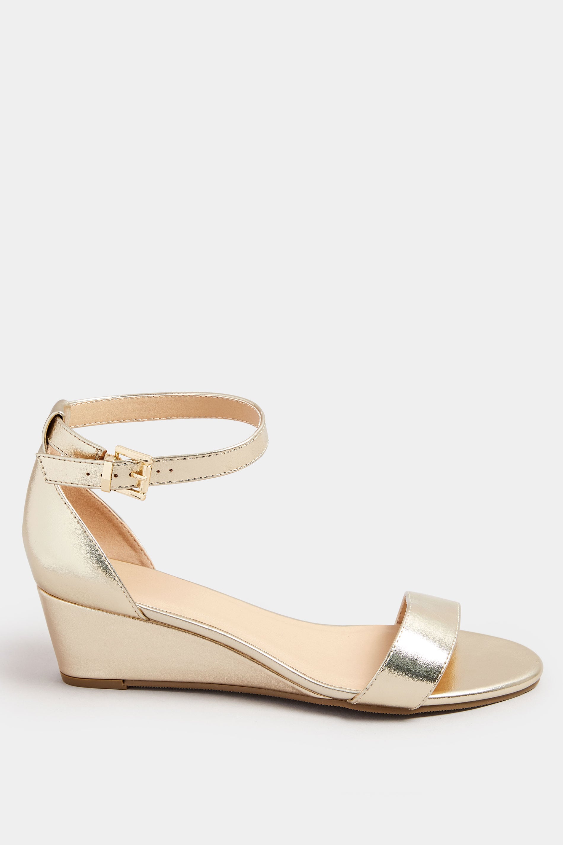 Gold Faux Leather Low Wedge Sandals In Extra Wide EEE Fit | Yours Clothing 2