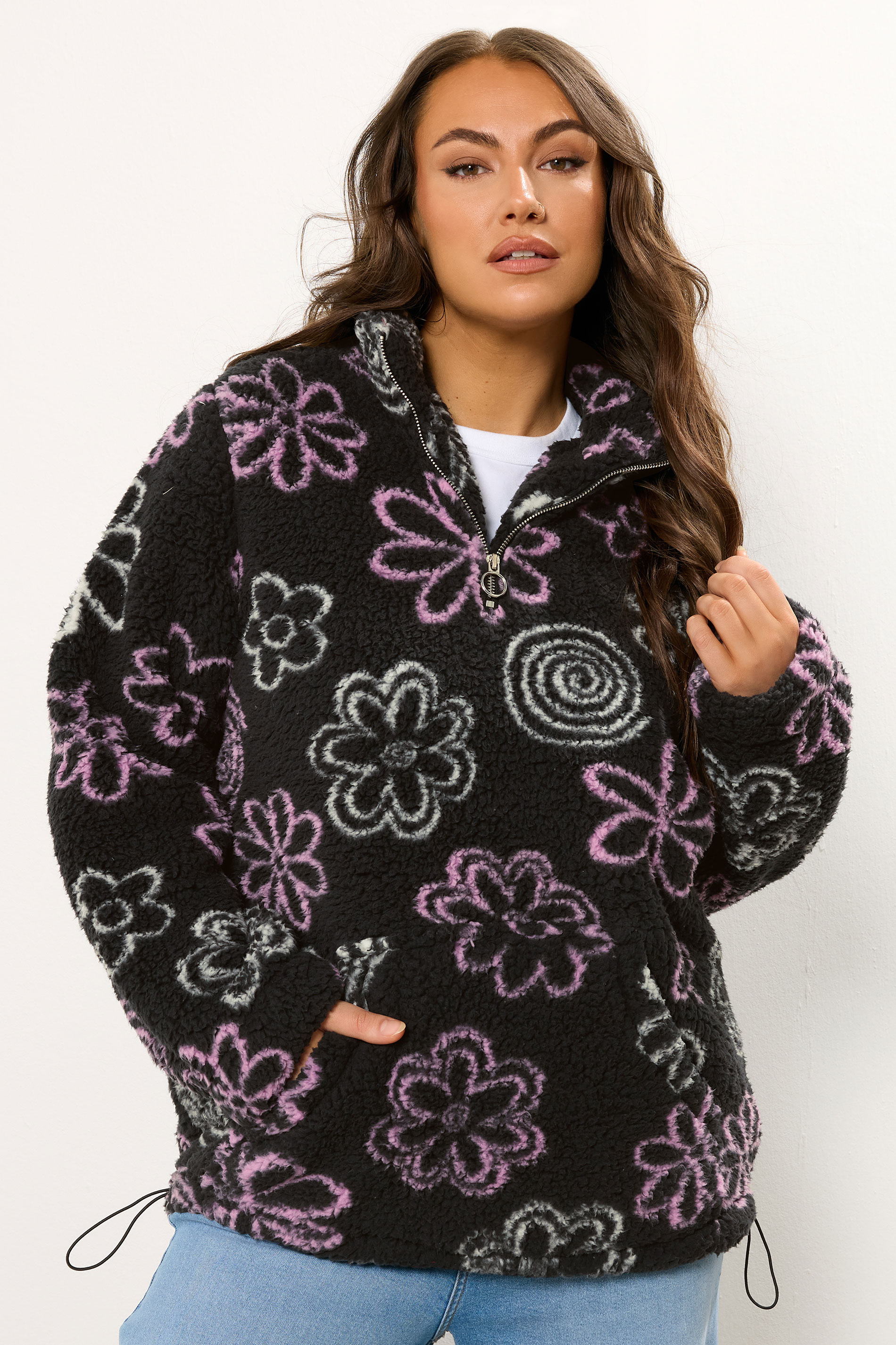 YOURS Plus Size Black Floral Quarter Zip Fleece | Yours Clothing 3