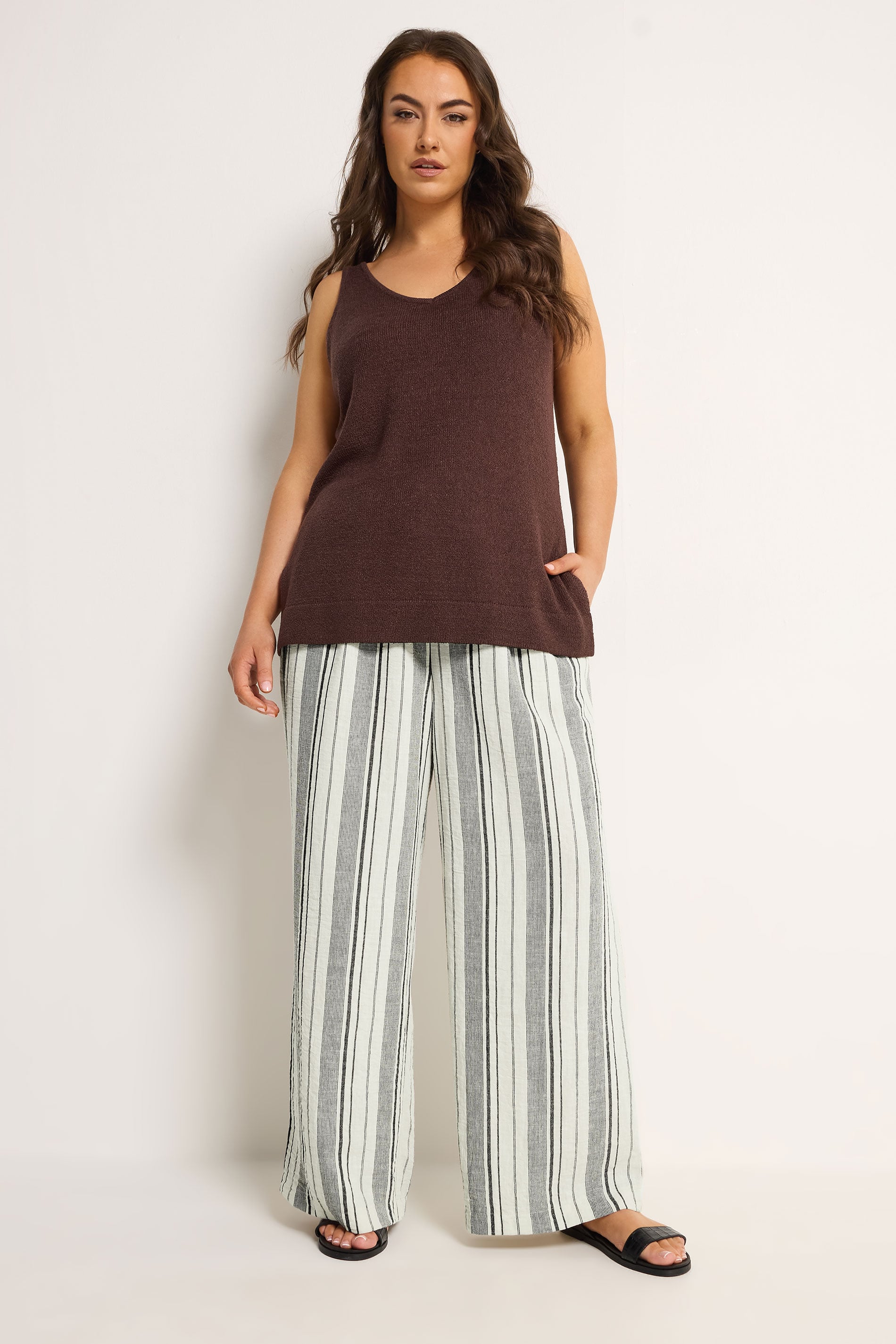 YOURS Plus Size Natural Brown Stripe Linen Look Trousers | Yours Clothing 3