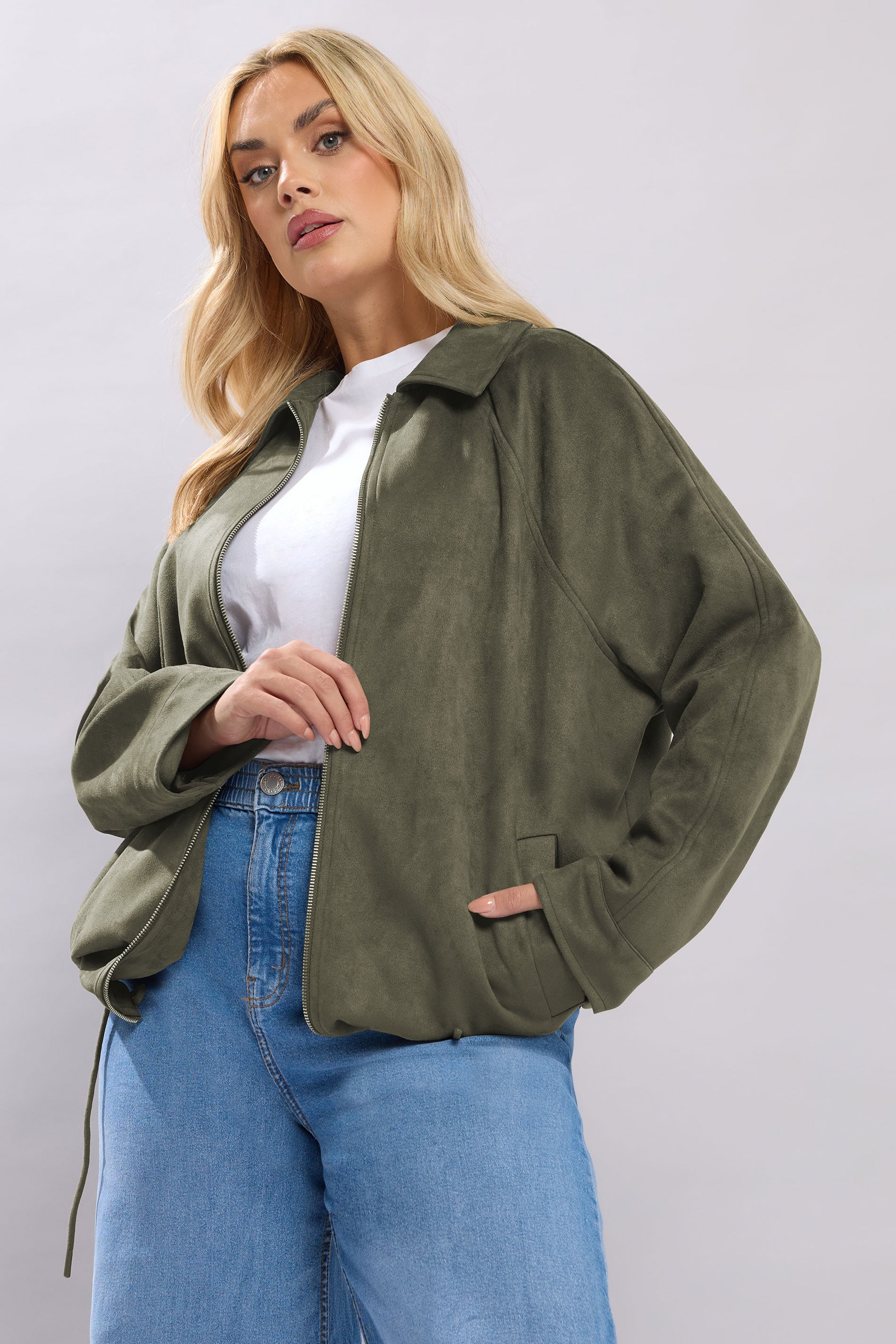 YOURS Plus Size Khaki Green Faux Suede Bomber Jacket | Yours Clothing 3