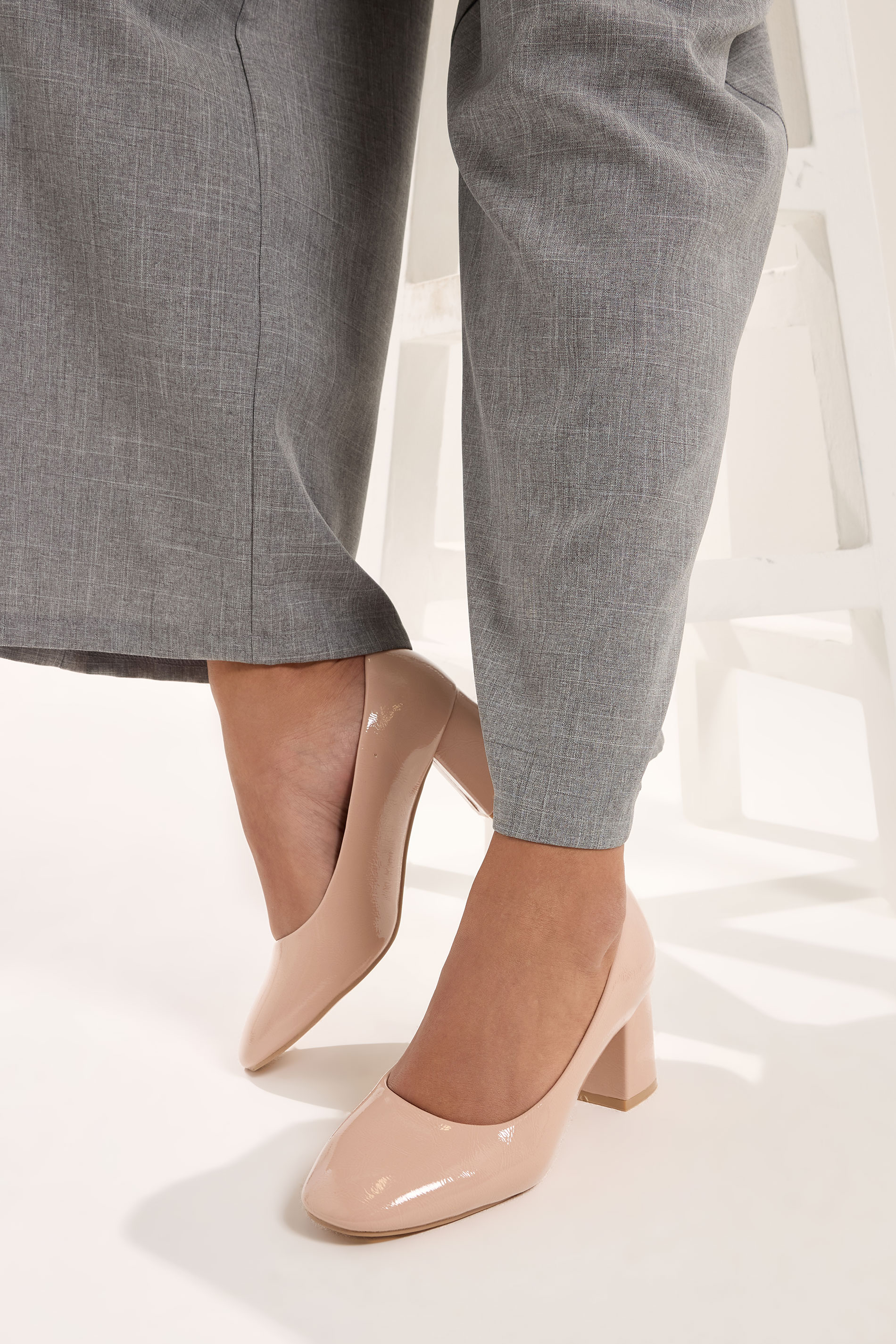 Nude Faux Leather Block Heel Court Shoes In Extra Wide EEE Fit | Yours Clothing 3