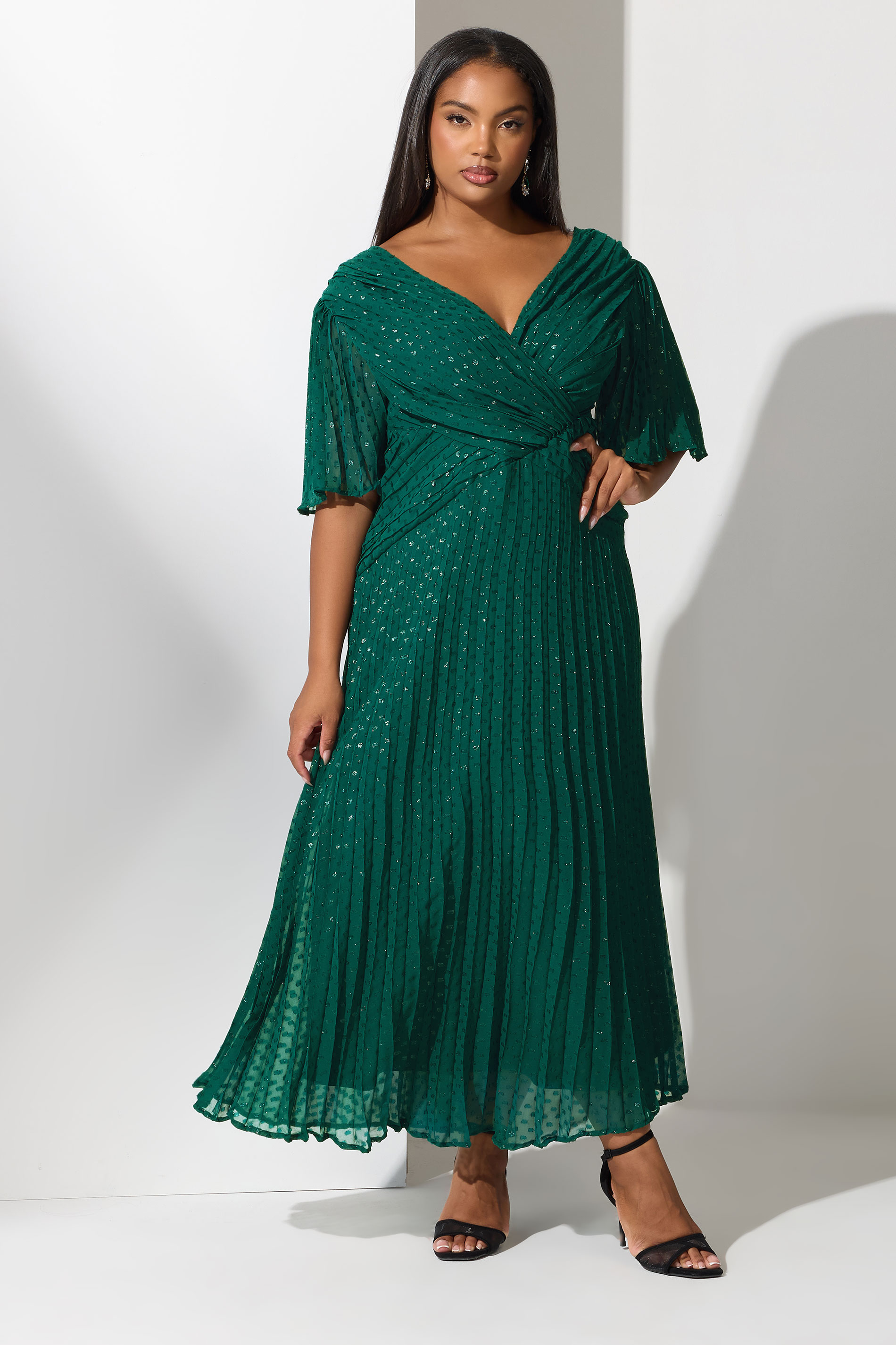 YOURS LONDON Plus Size Green Metallic Dobby Pleated Wrap Dress | Yours Clothing 2