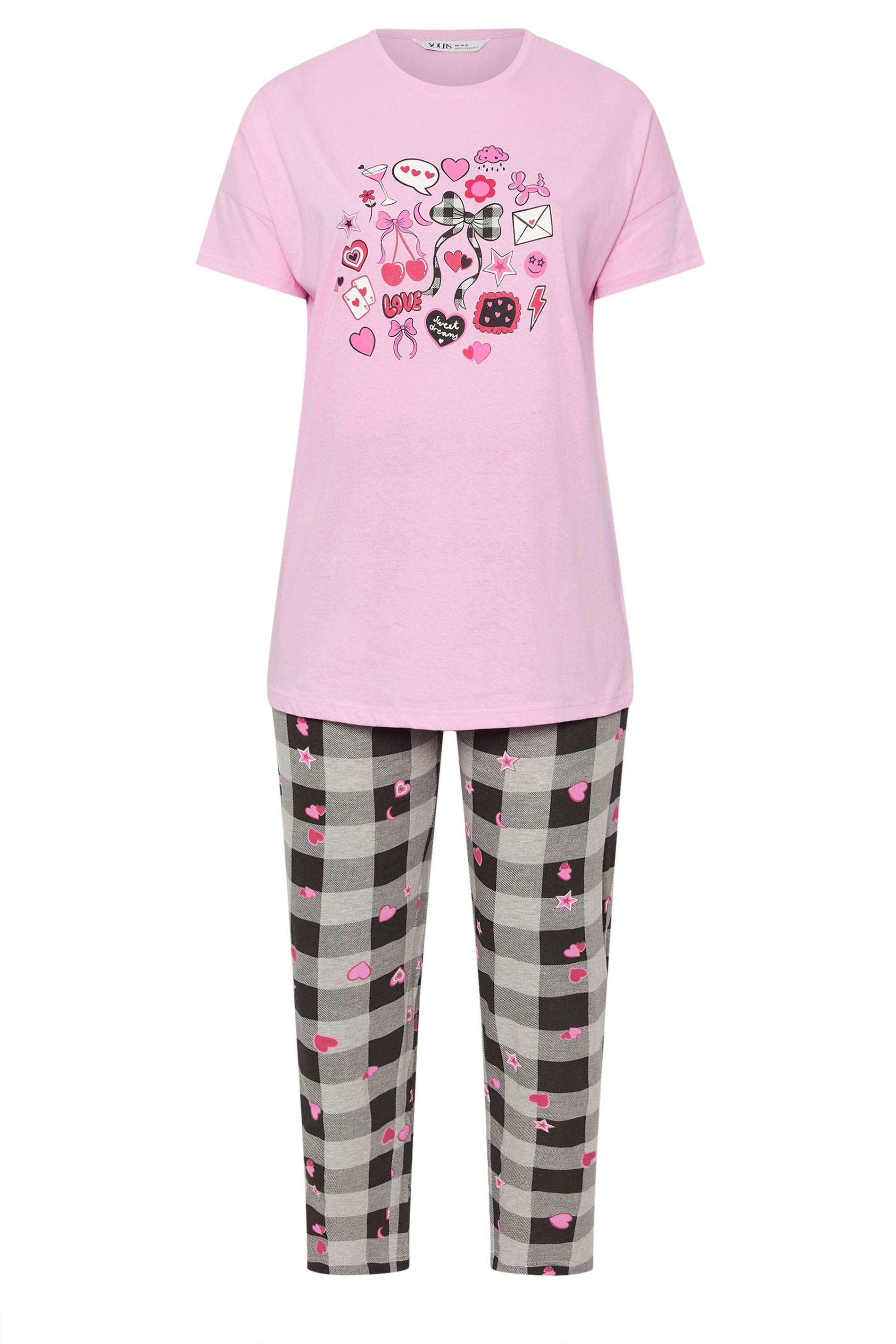 YOURS Plus Size Pink Gingham Bow Wide Leg Pyjama Set | Yours Clothing 5