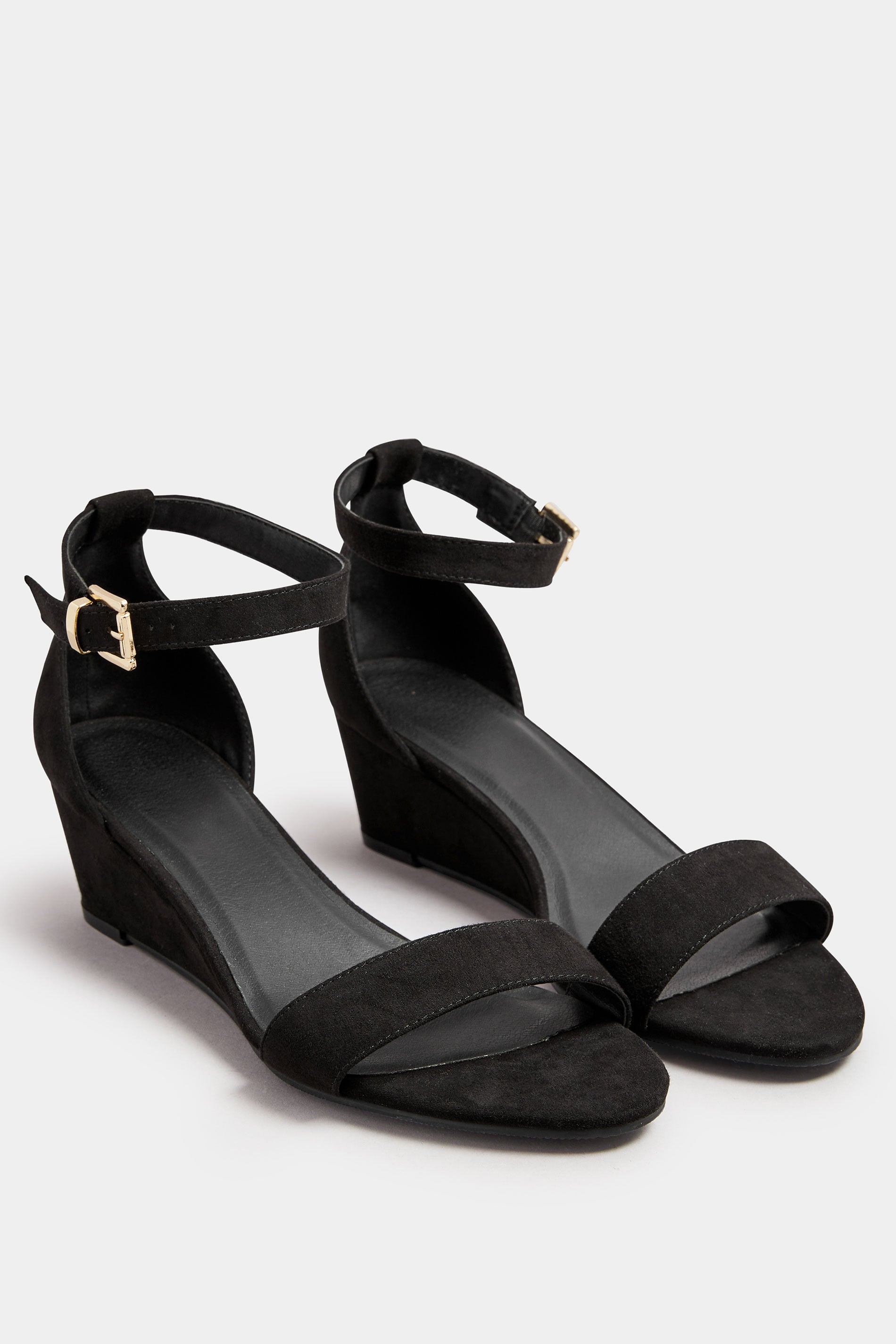 Black Faux Suede Low Wedge Sandals In Extra Wide EEE Fit | Yours Clothing 1