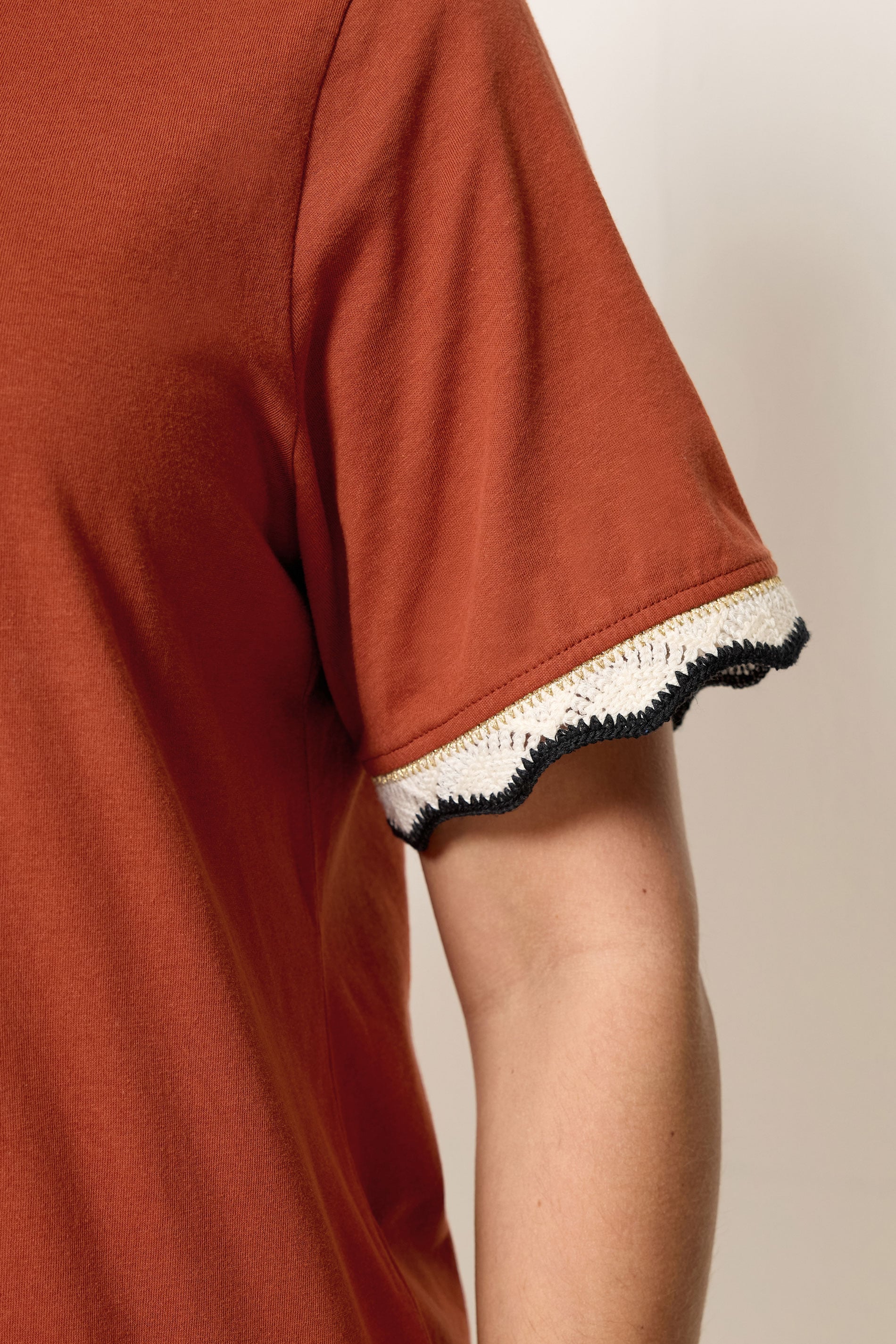 YOURS Plus Size Burnt Orange Metallic Crochet Trim T-Shirt | Yours Clothing 4