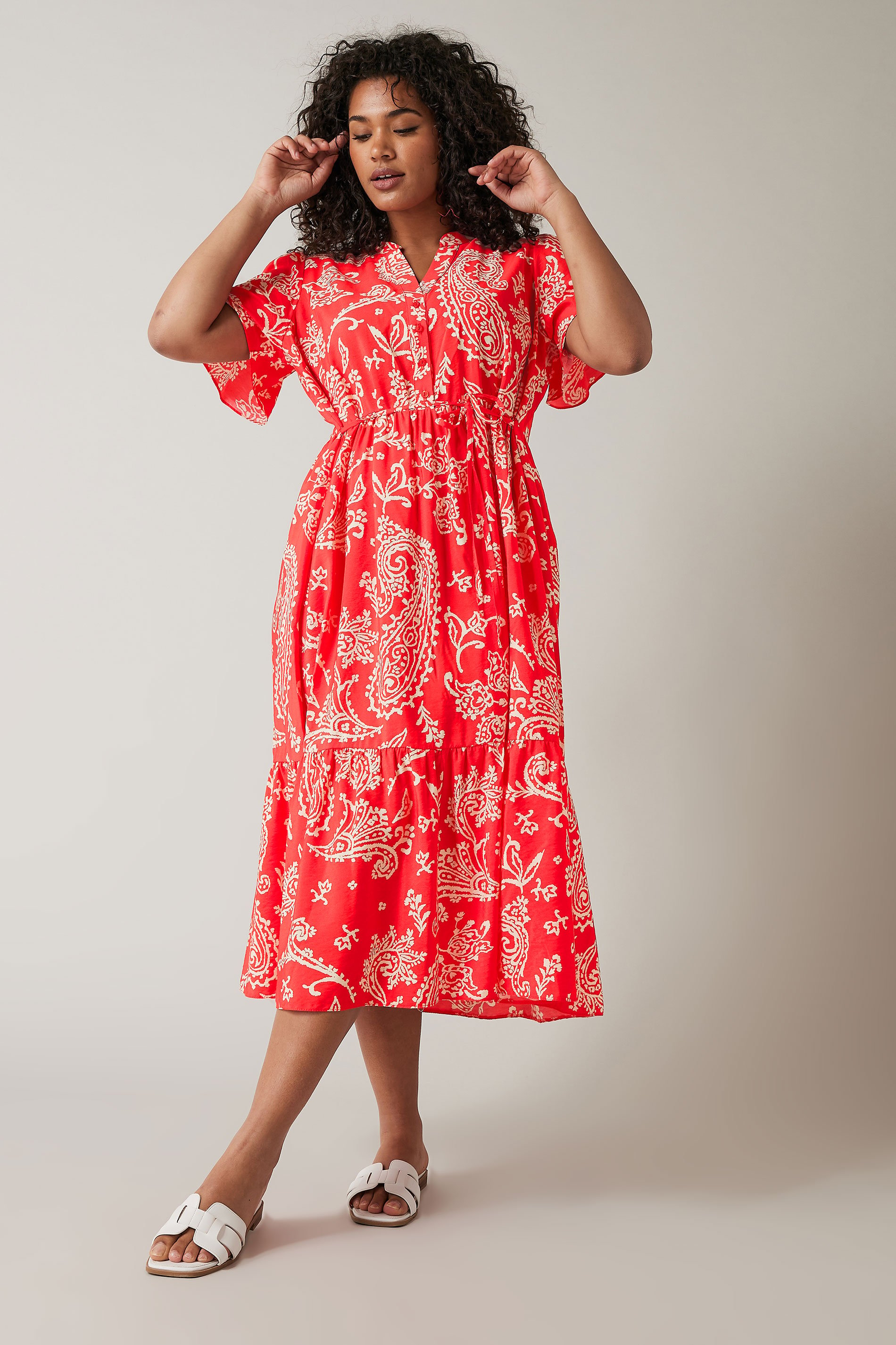 EVANS Plus Size Red & White Paisley Print Midi Shirt Dress | Evans 3