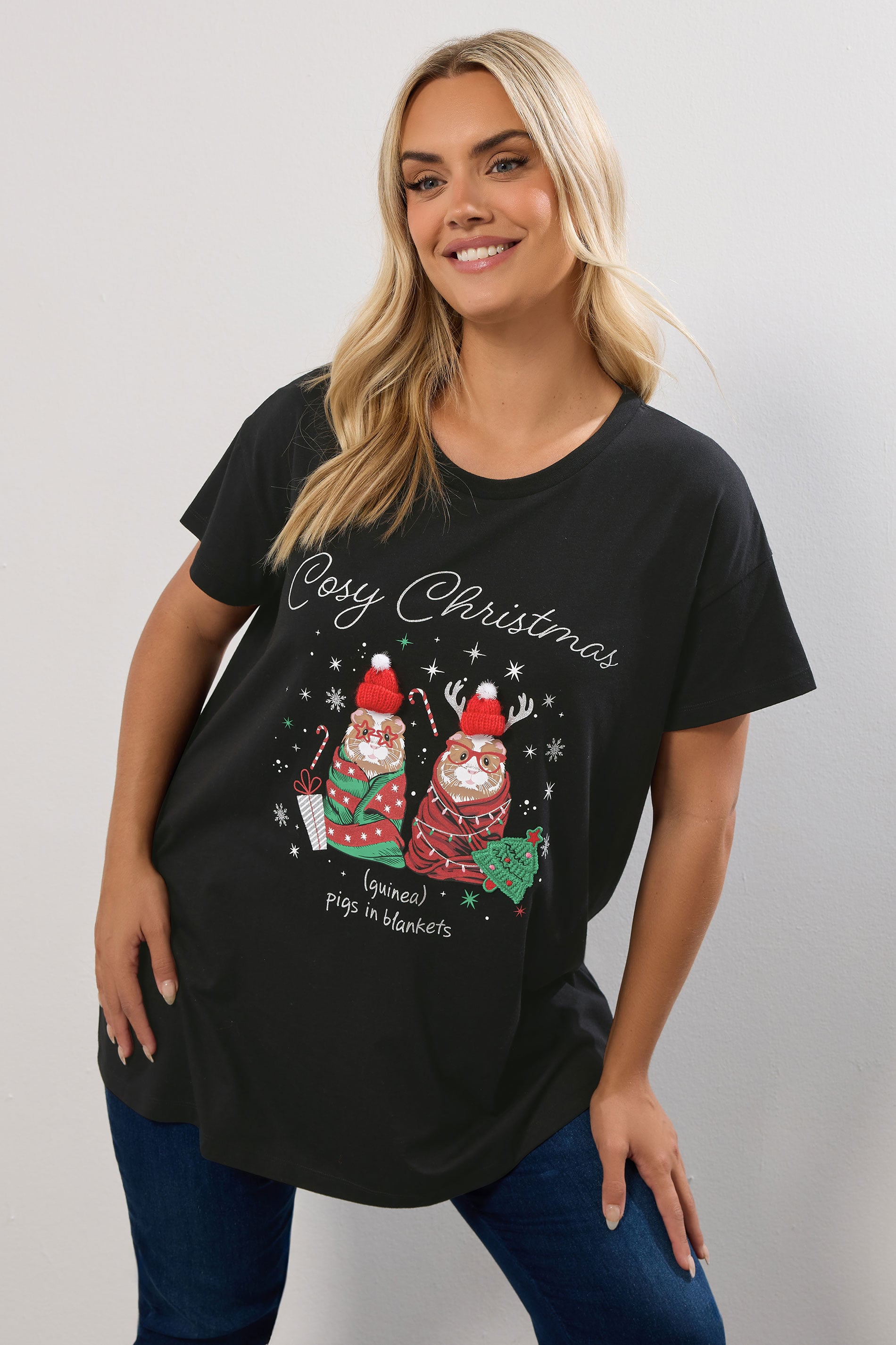 YOURS Plus Size Black Glitter 'Cosy Christmas' Guinea Pig Novelty T-Shirt | Yours Clothing 3