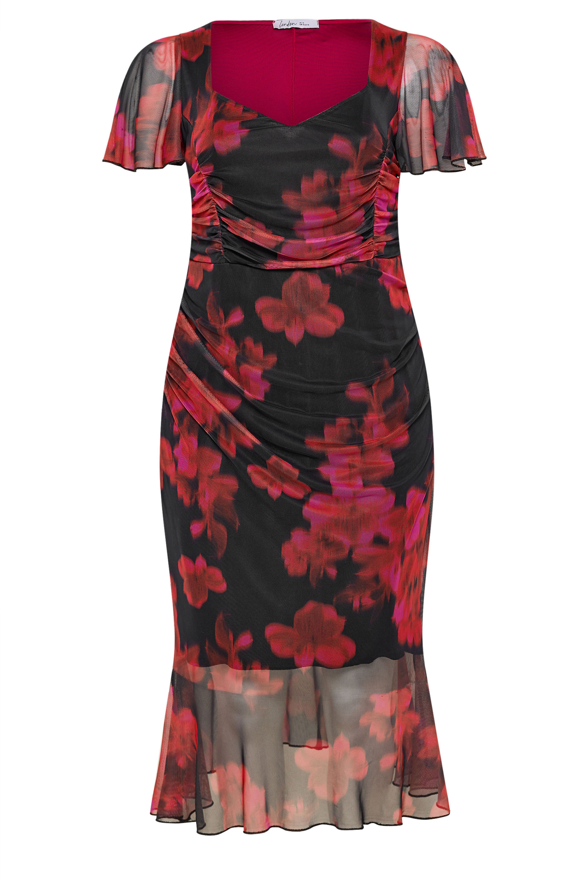 YOURS LONDON Plus Size Red Floral Gathered Midi Dress | Yours Clothing 5