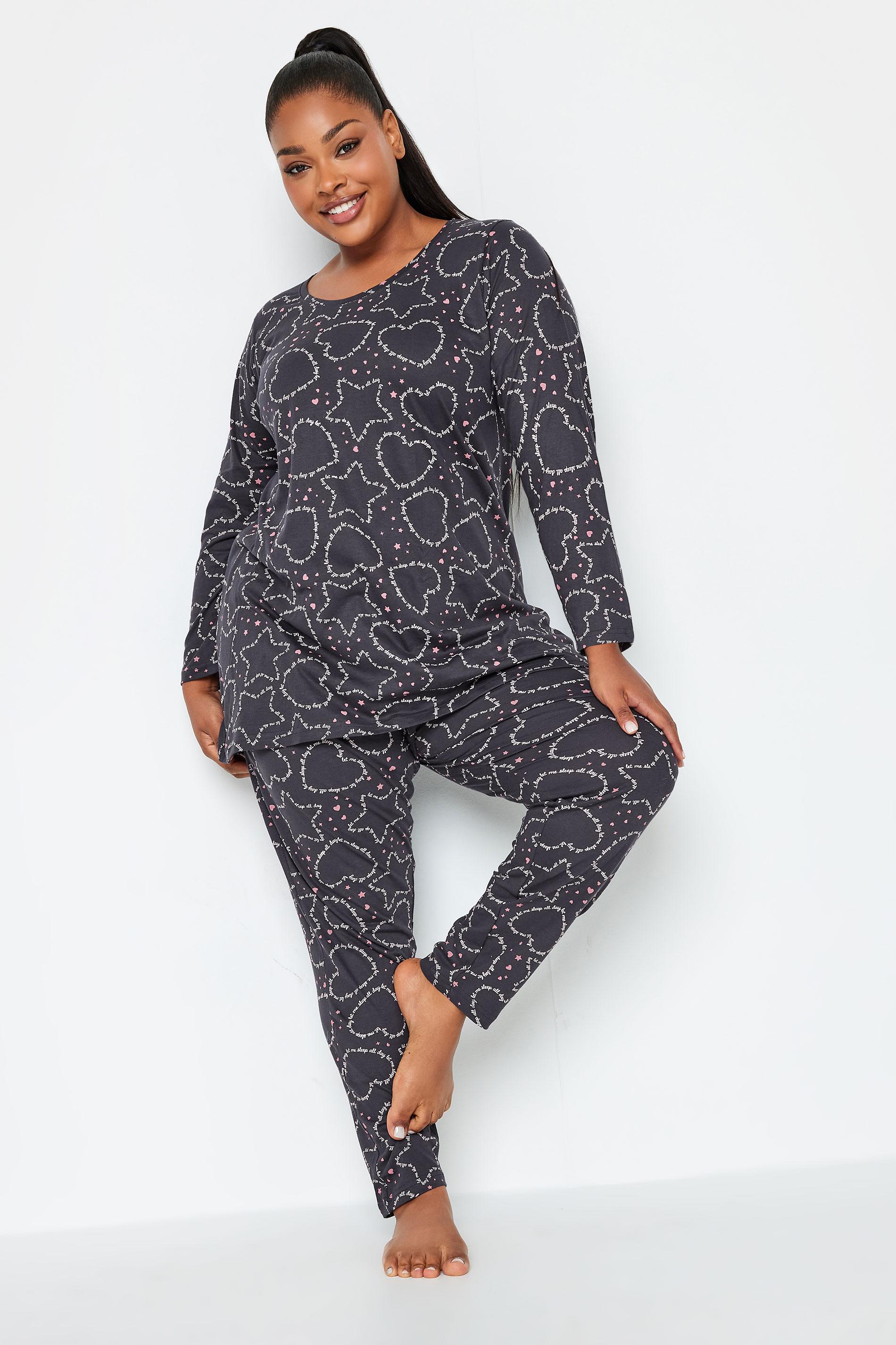 YOURS Plus Size Grey Heart & Star Print Tapered Pyjama Set | Yours Clothing 1
