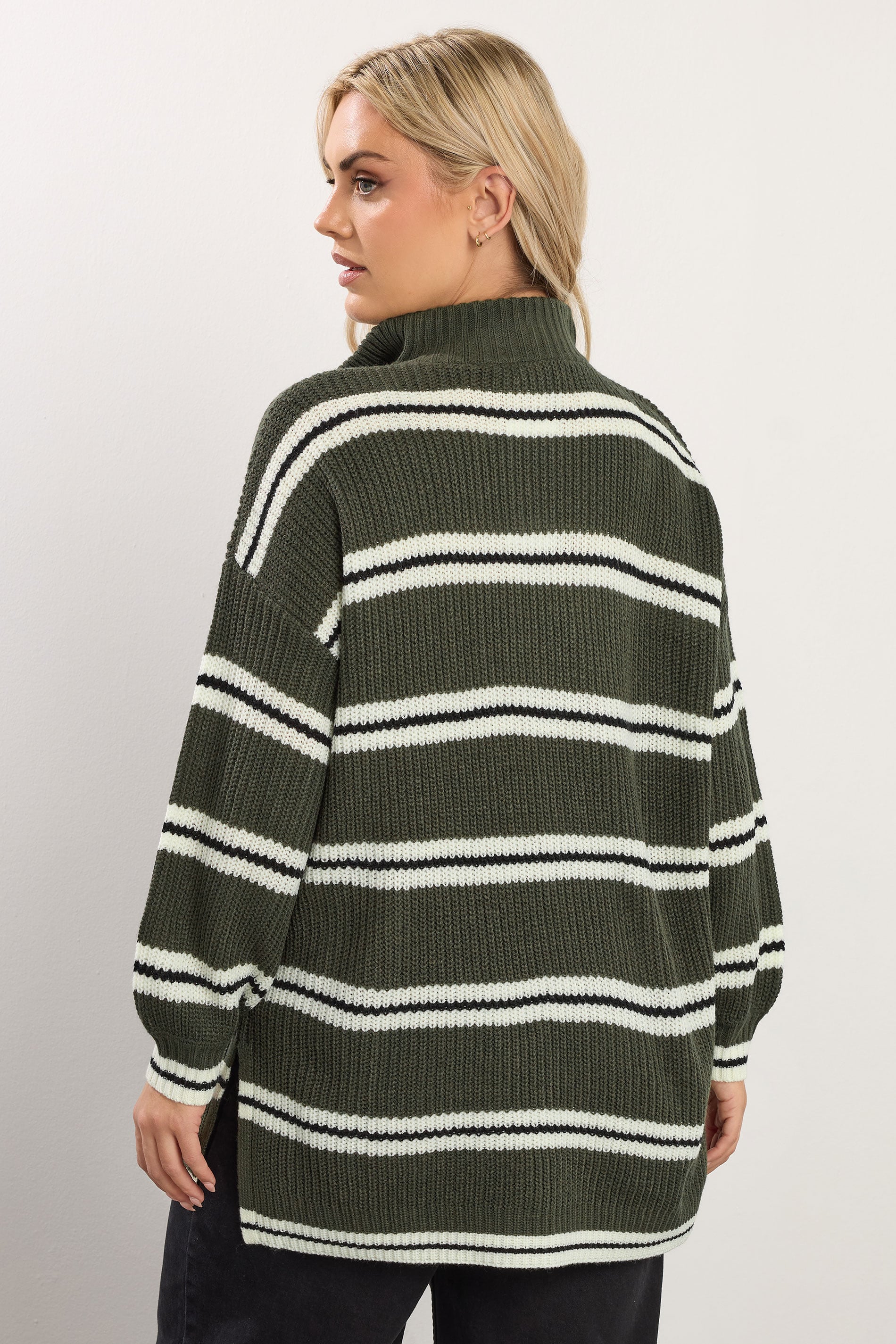 YOURS Plus Size Khaki Green Stripe Quarter Zip Jumper 2