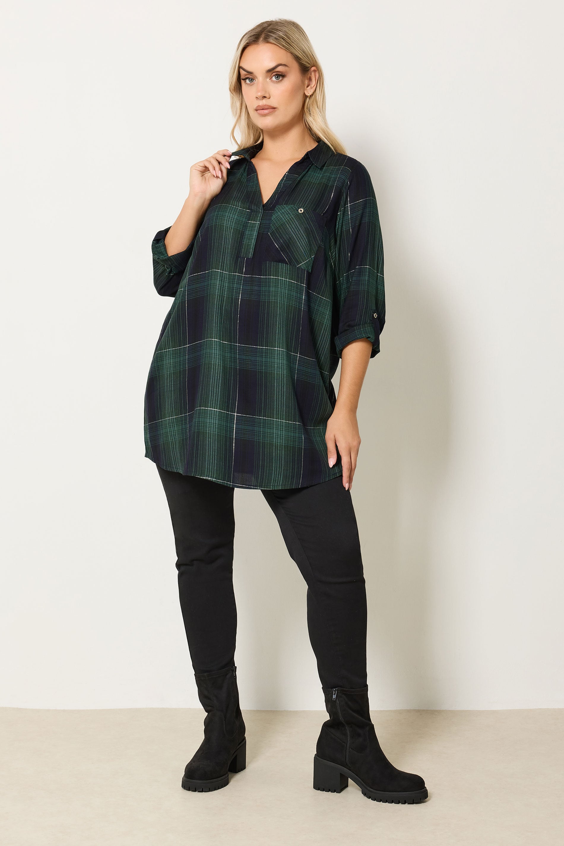 YOURS Plus Size Dark Green Check Overhead Shirt | Yours Clothing 1