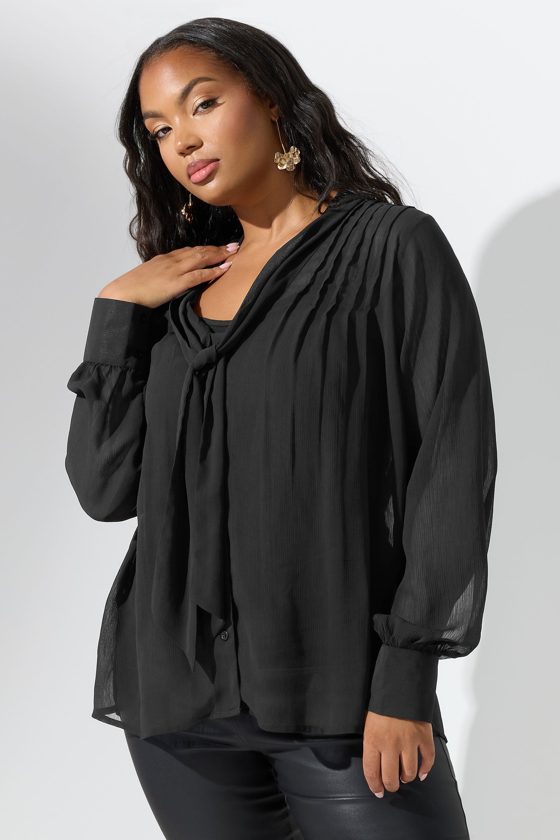 YOURS LONDON Plus Size Black Pintuck Bow Tie Blouse | Yours Clothing 3