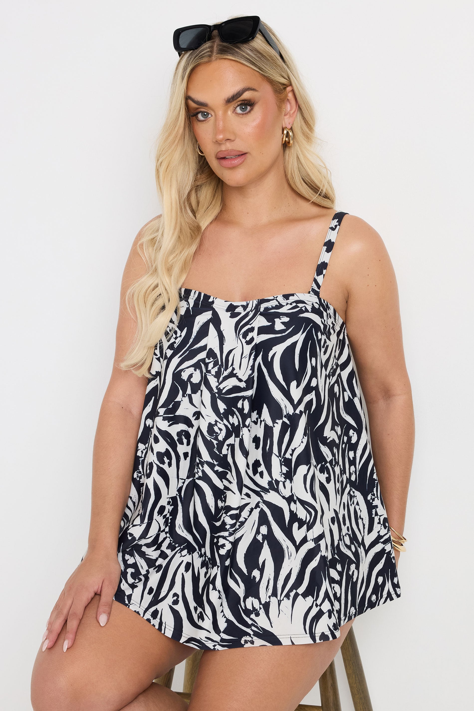 YOURS Plus Size Black Abstract Animal Print Pleat Front Tankini Top | Yours Clothing 1
