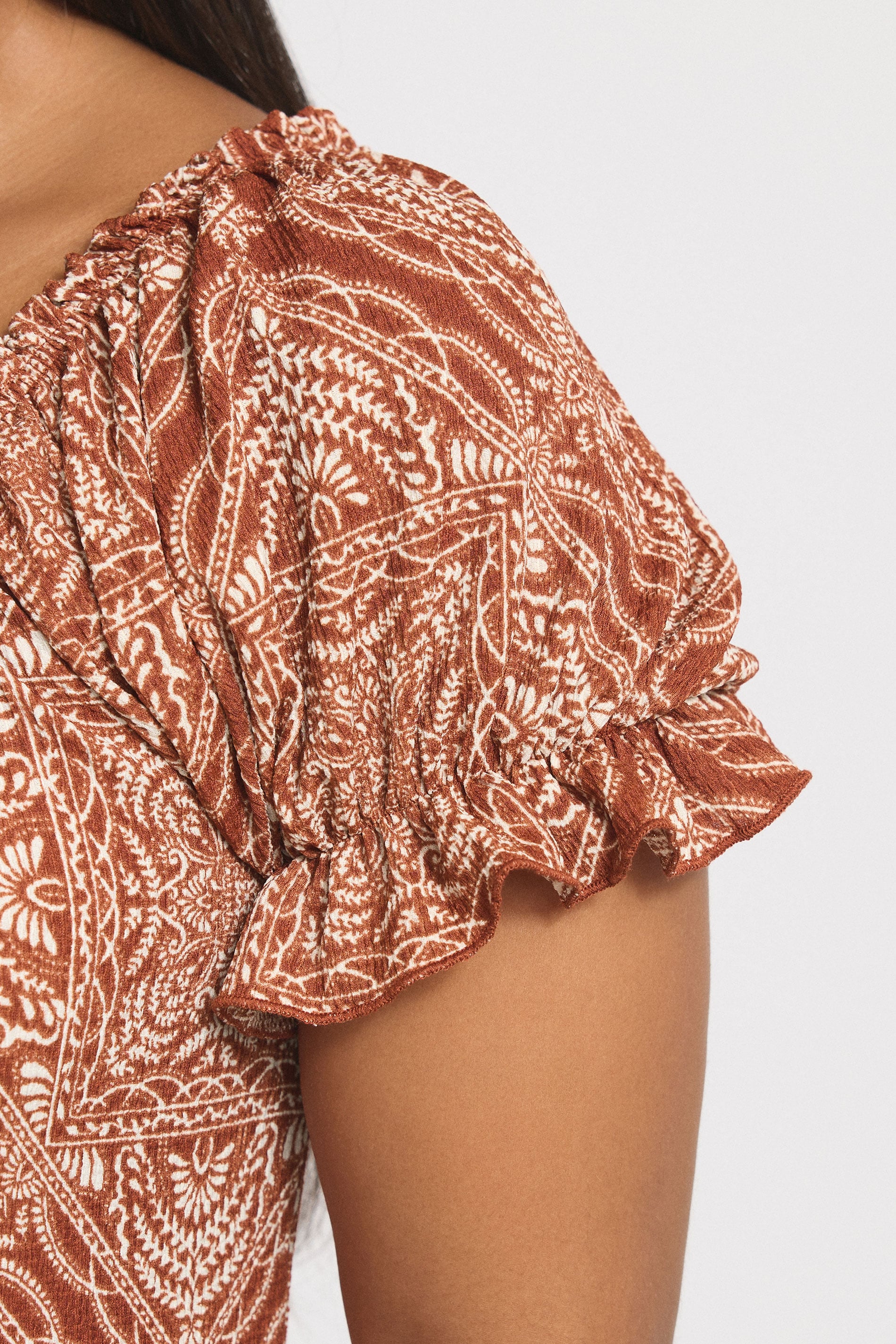 YOURS Plus Size Rust Brown Paisley Textured Milkmaid Dress | Yours Clothing 4