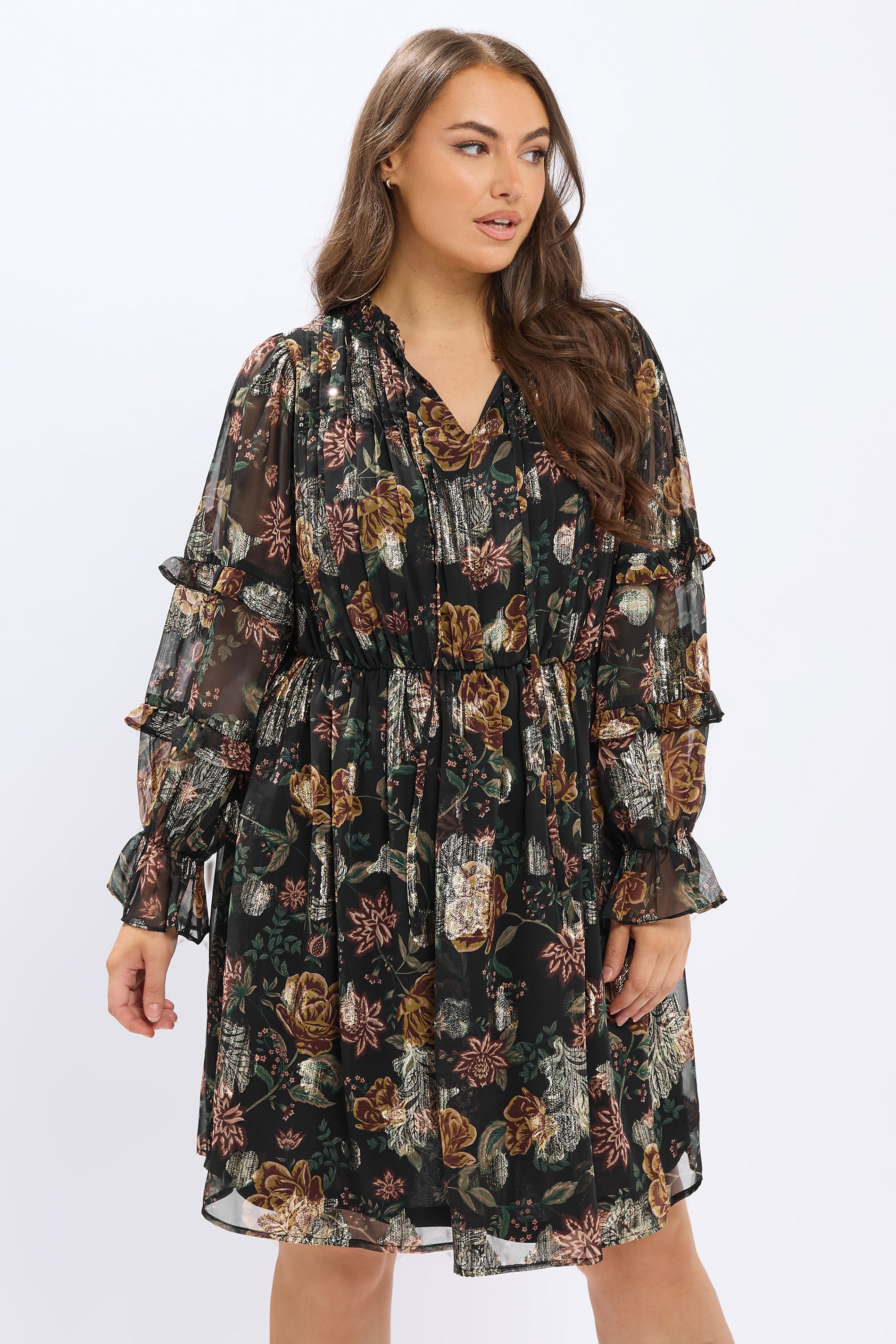 YOURS Plus Size Black Floral Metallic Tie Neck Mini Dress | Yours Clothing 1