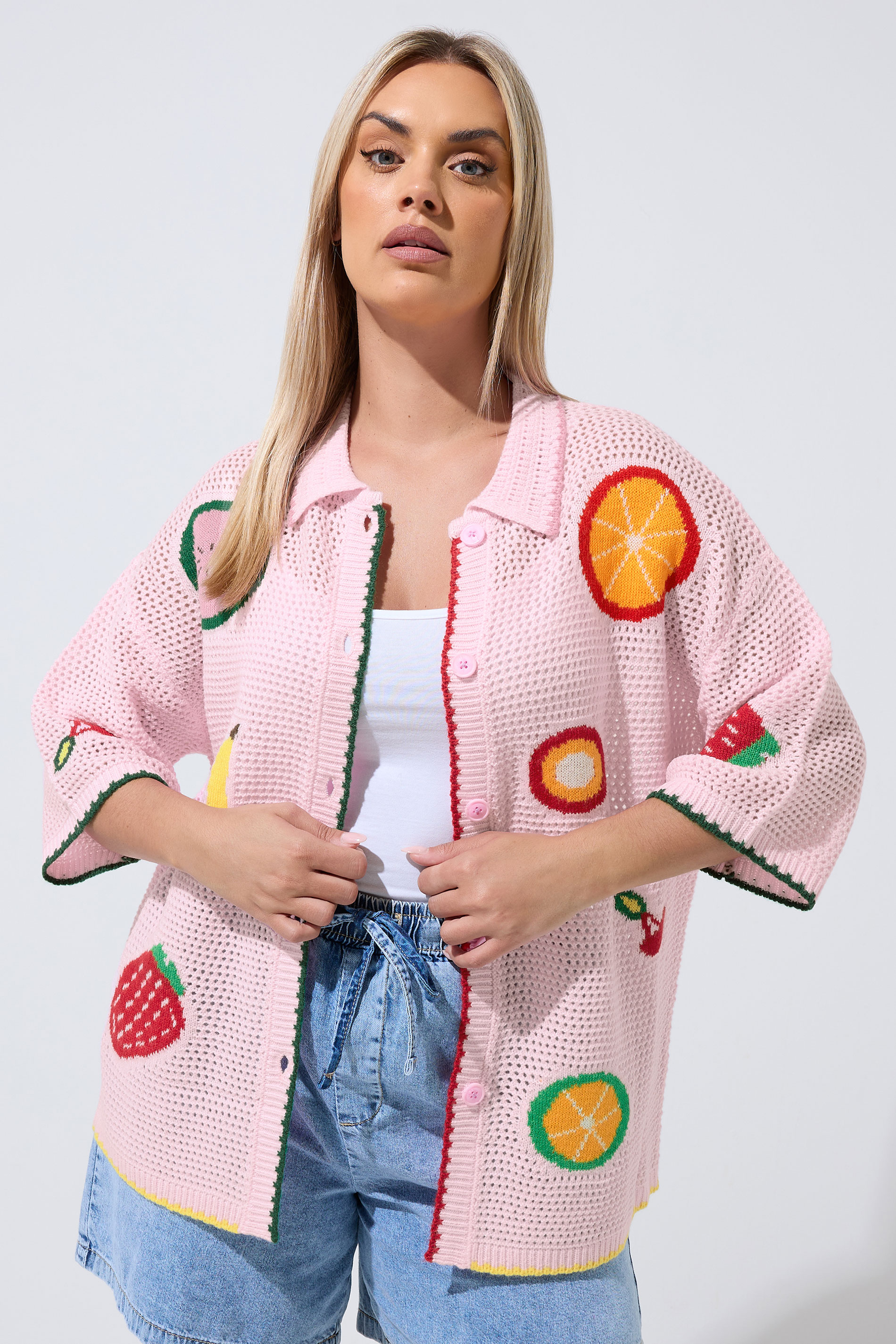 LIMITED COLLECTION Plus Size Pink Fruit Knitted Shirt | Yours Clothing 2