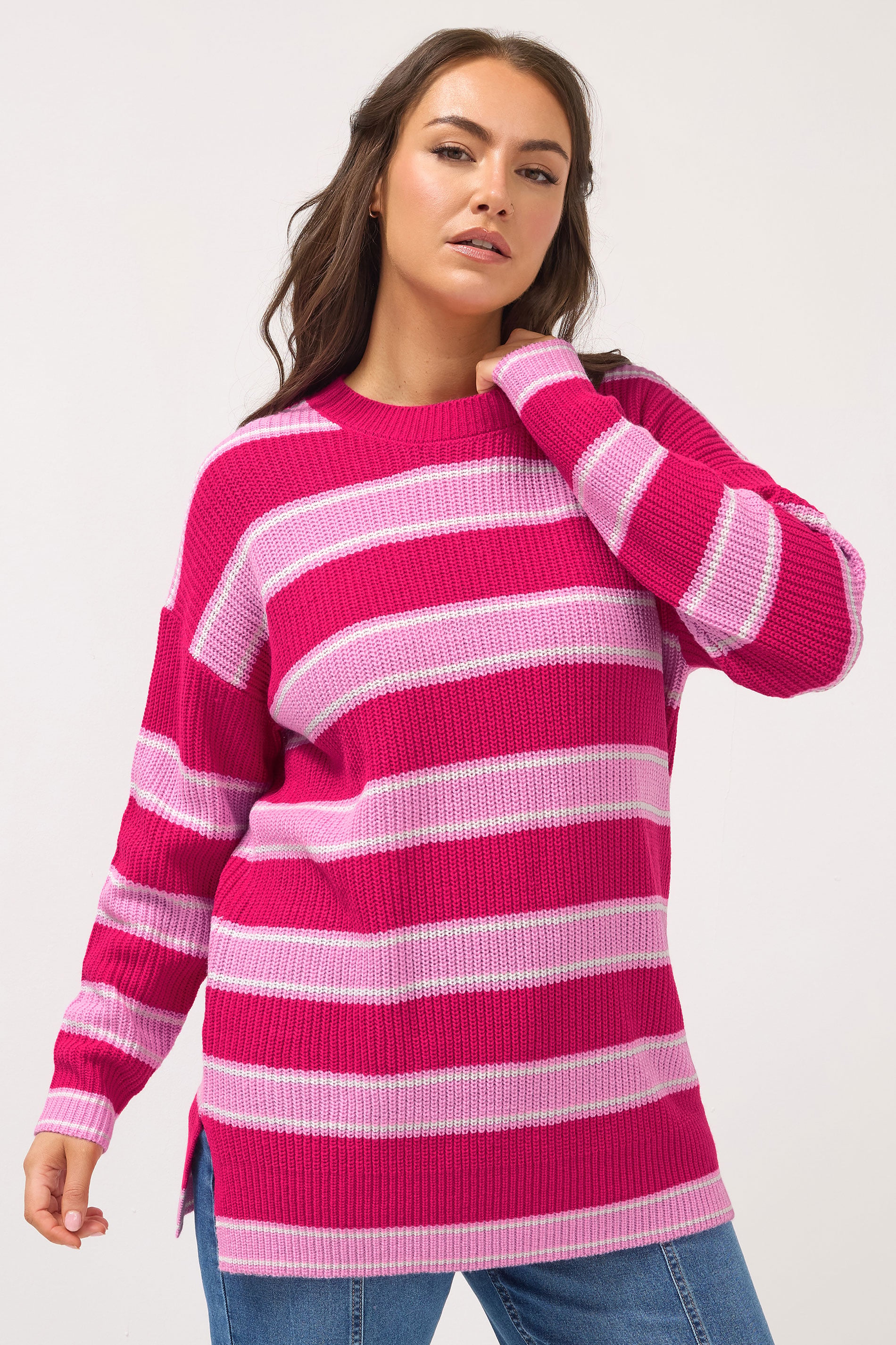 YOURS Plus Size Pink Stripe Drop Shoulder Jumper | Yours Clothing 3