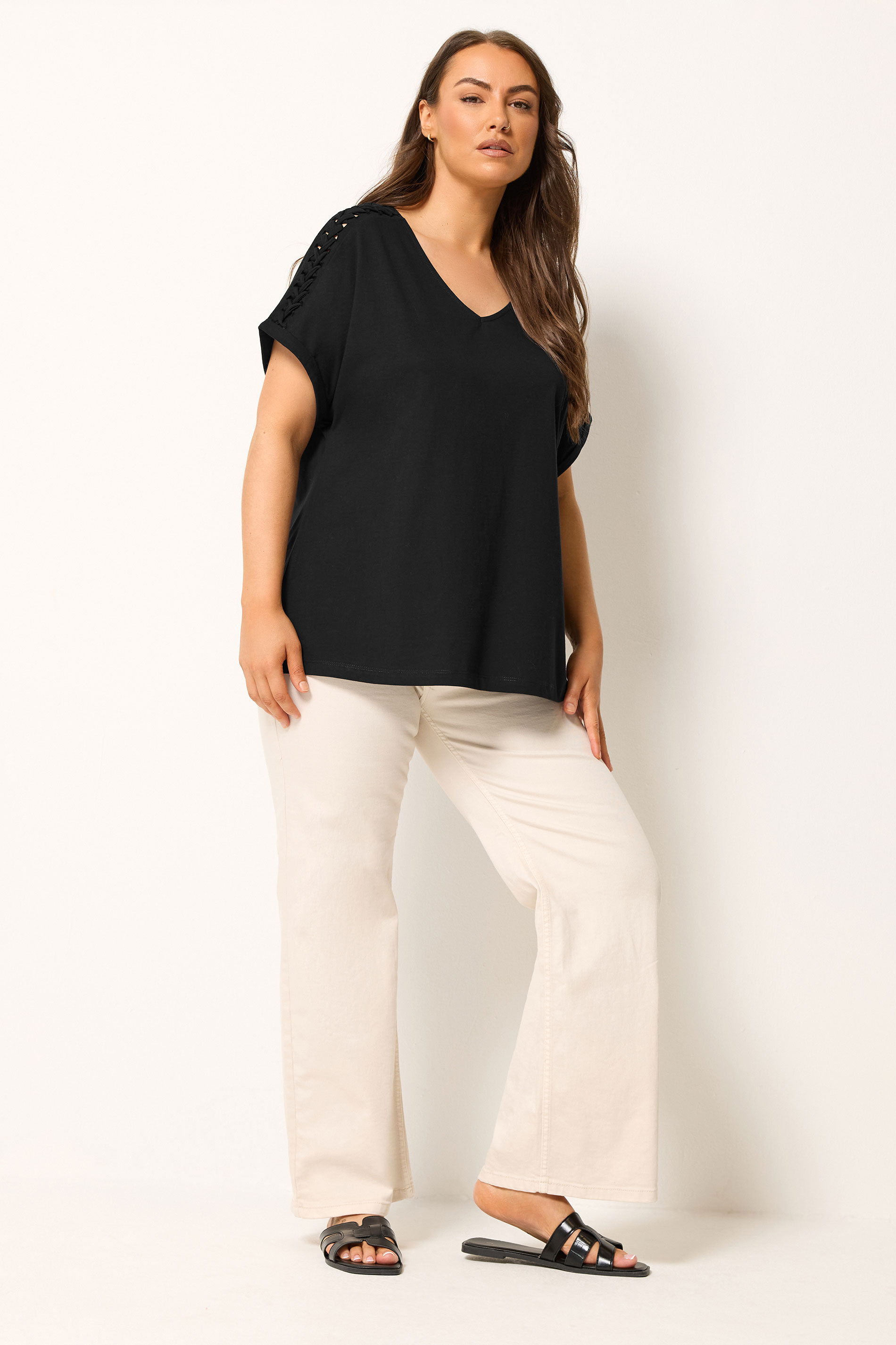 YOURS Plus Size Black Lattice Grown On Sleeve T-Shirt | Yours Clothing 1