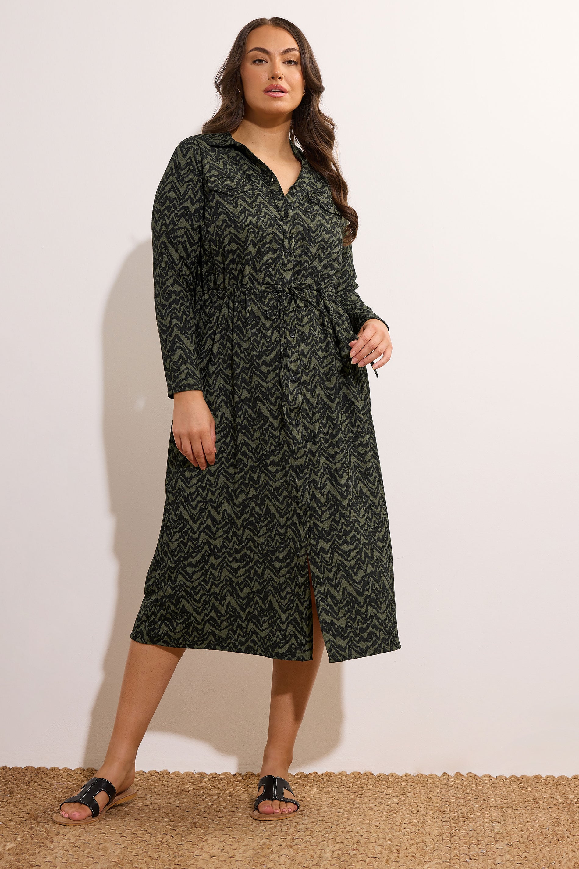 EVANS Plus Size Khaki Green Abstract Print Crepe Midi Shirt Dress | Evans 1
