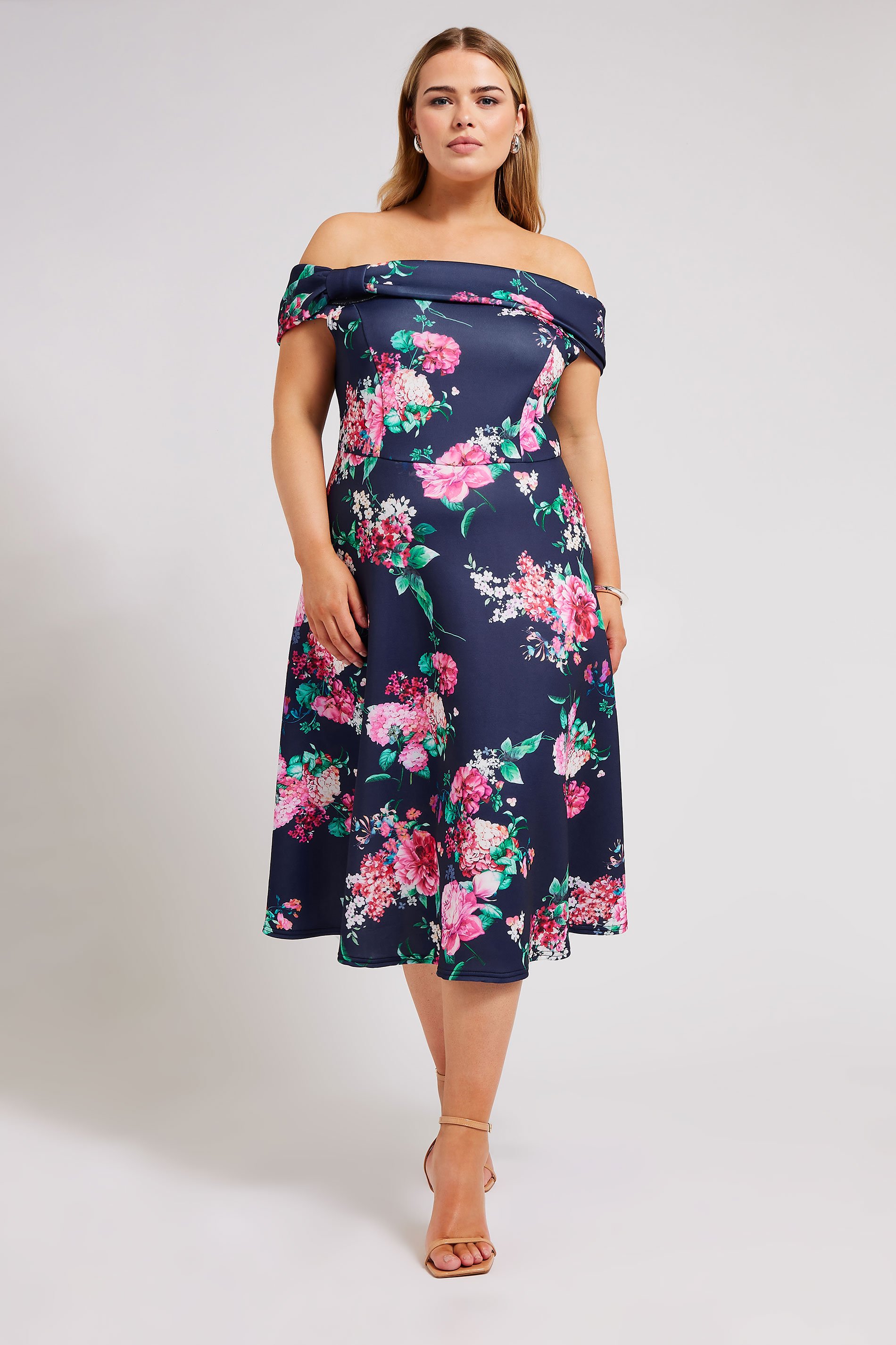 YOURS LONDON Curve Navy Blue Floral Bardot Skater Dress | Yours Clothing 2