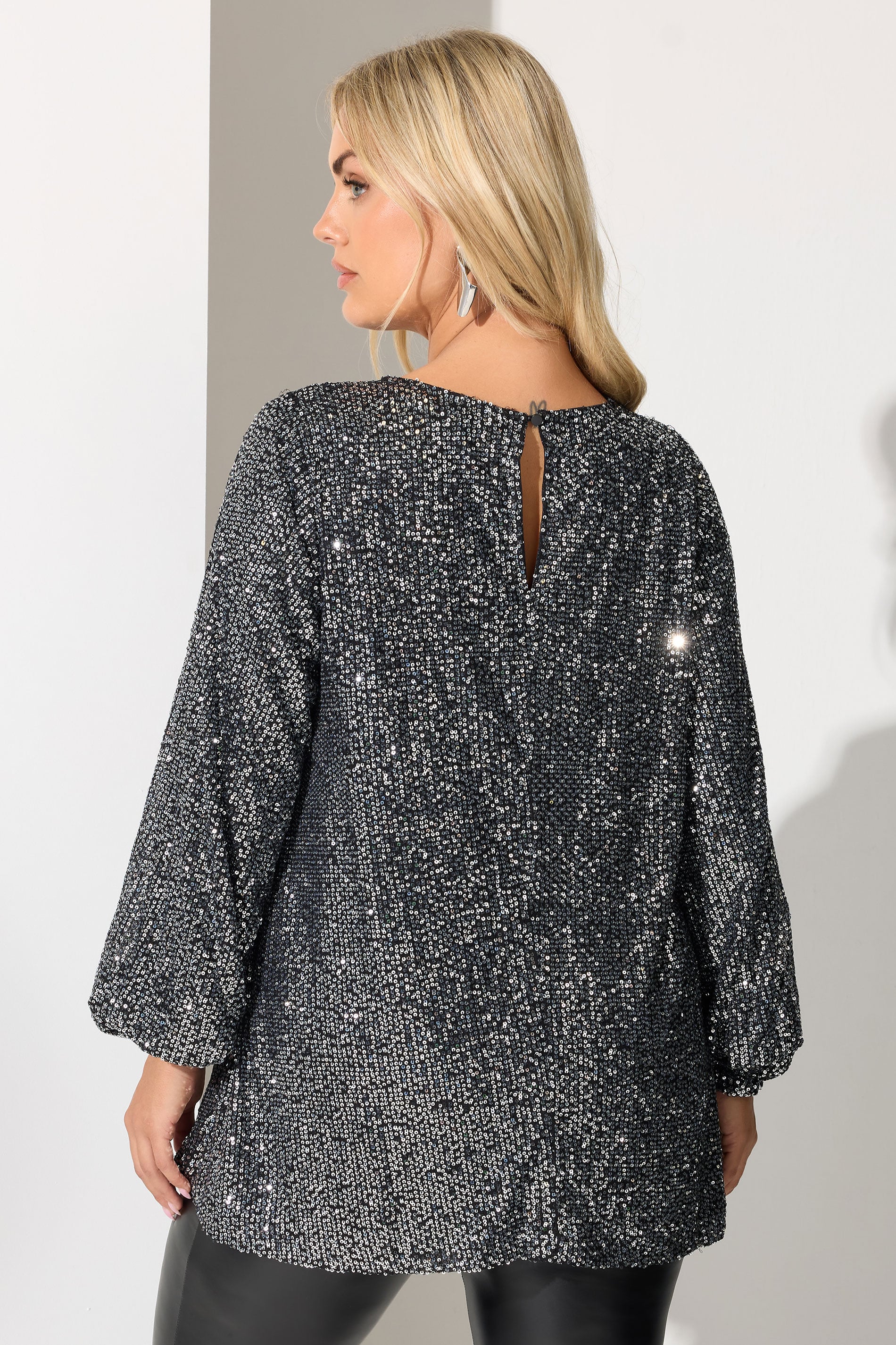 YOURS LONDON Plus Size Silver Sequin Keyhole Top | Yours Clothing 2