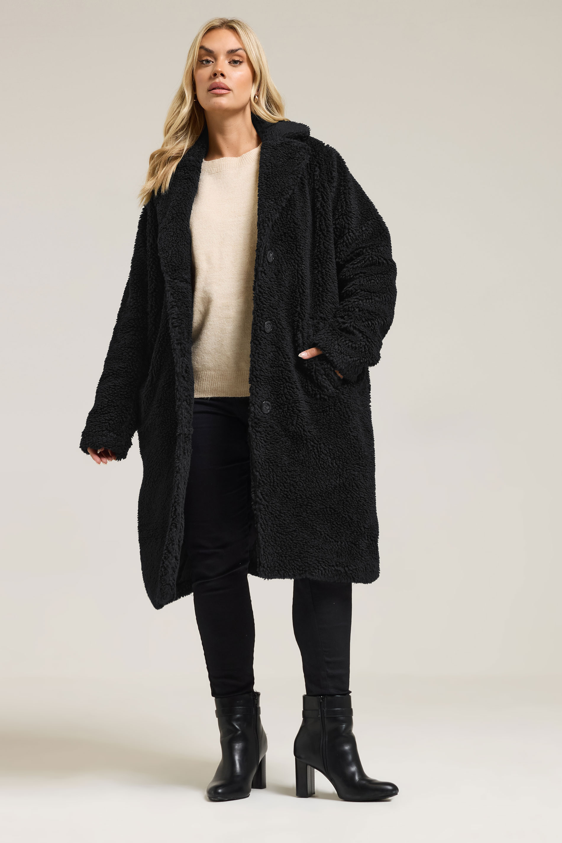YOURS Plus Size Black Teddy Borg Midi Coat | Yours Clothing 3