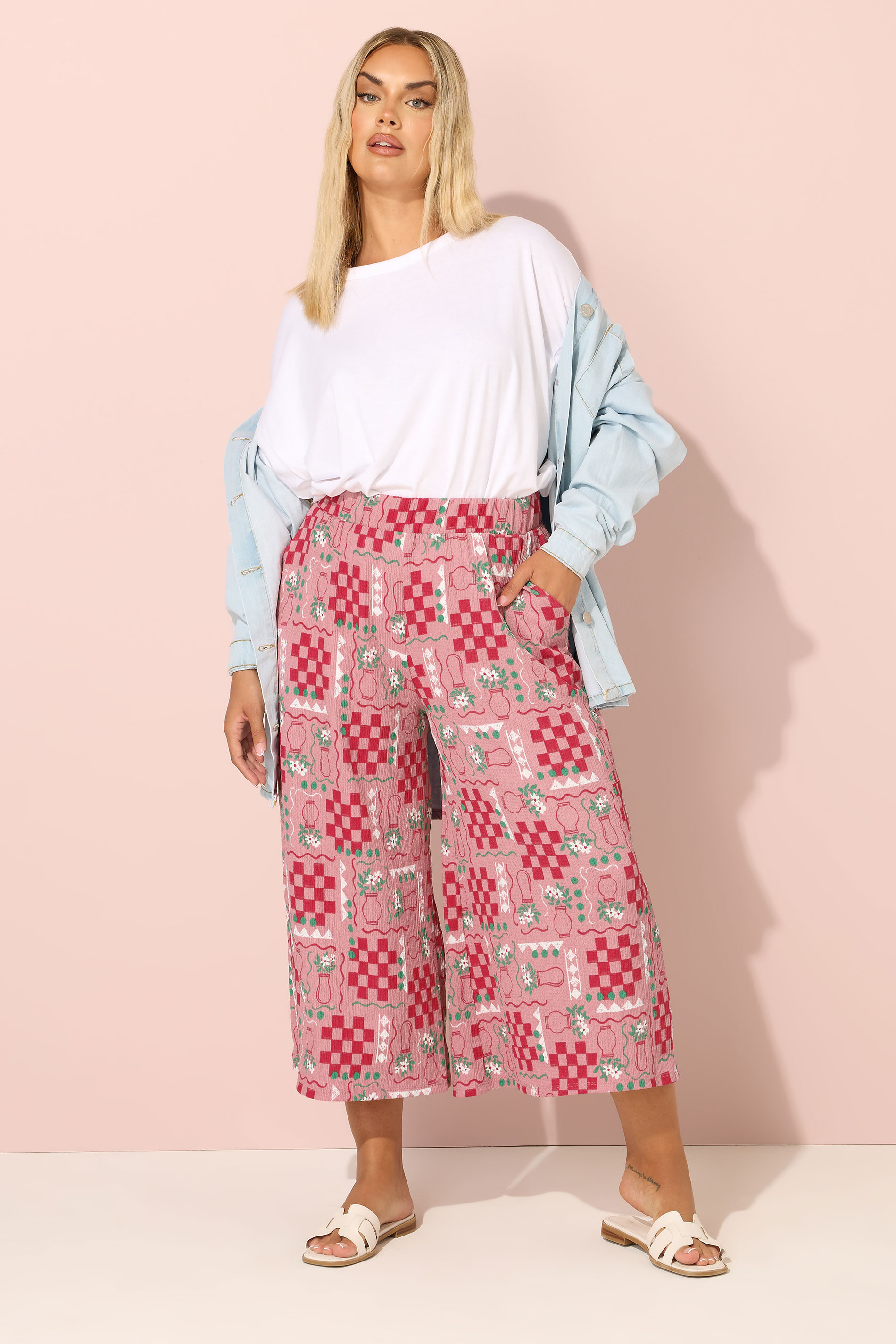 YOURS Plus Size Pink Floral Check Crinkle Midaxi Culottes | Yours Clothing 1