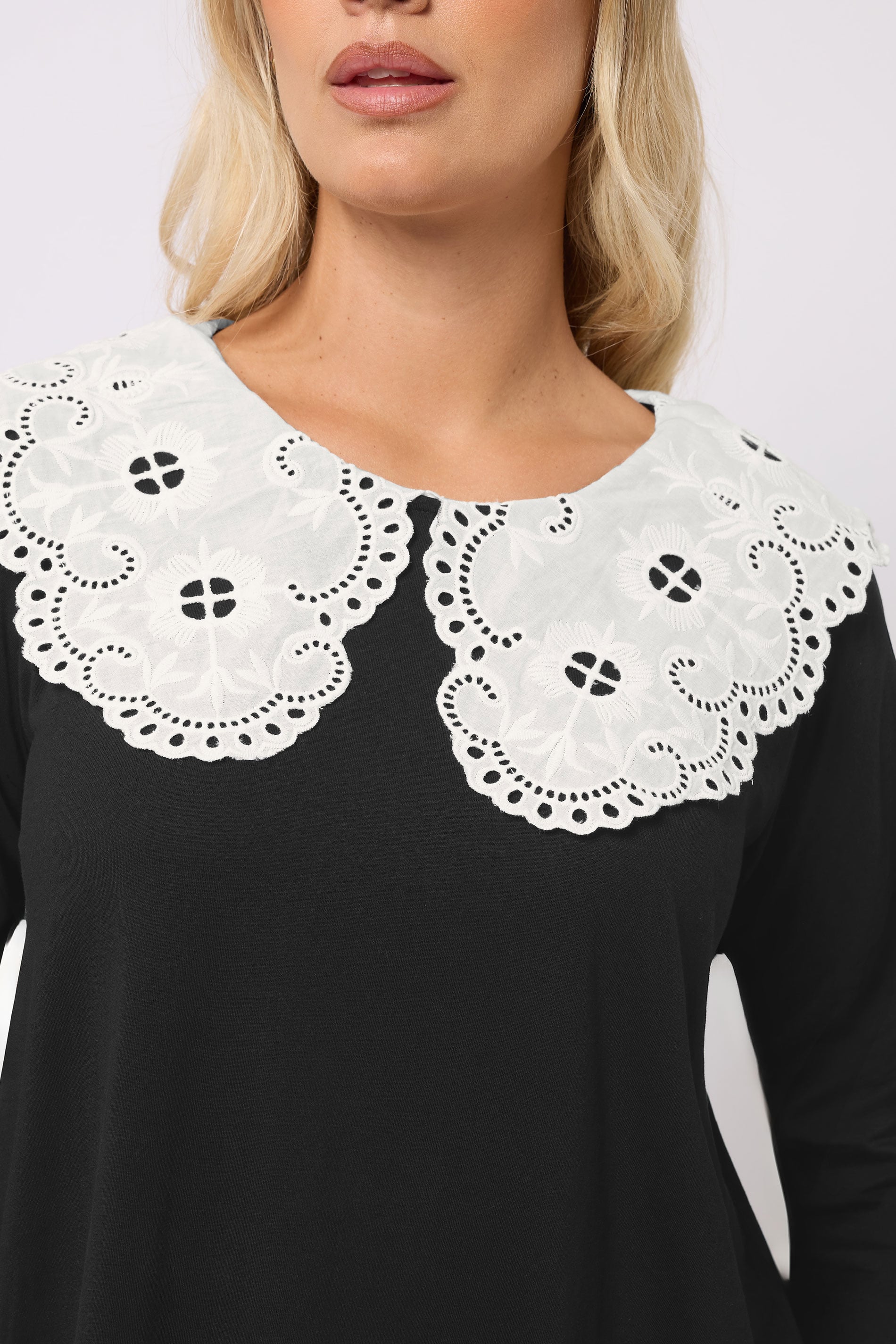 YOURS Plus Size Black Broderie Anglaise Oversized Collar Top | Yours Clothing 5