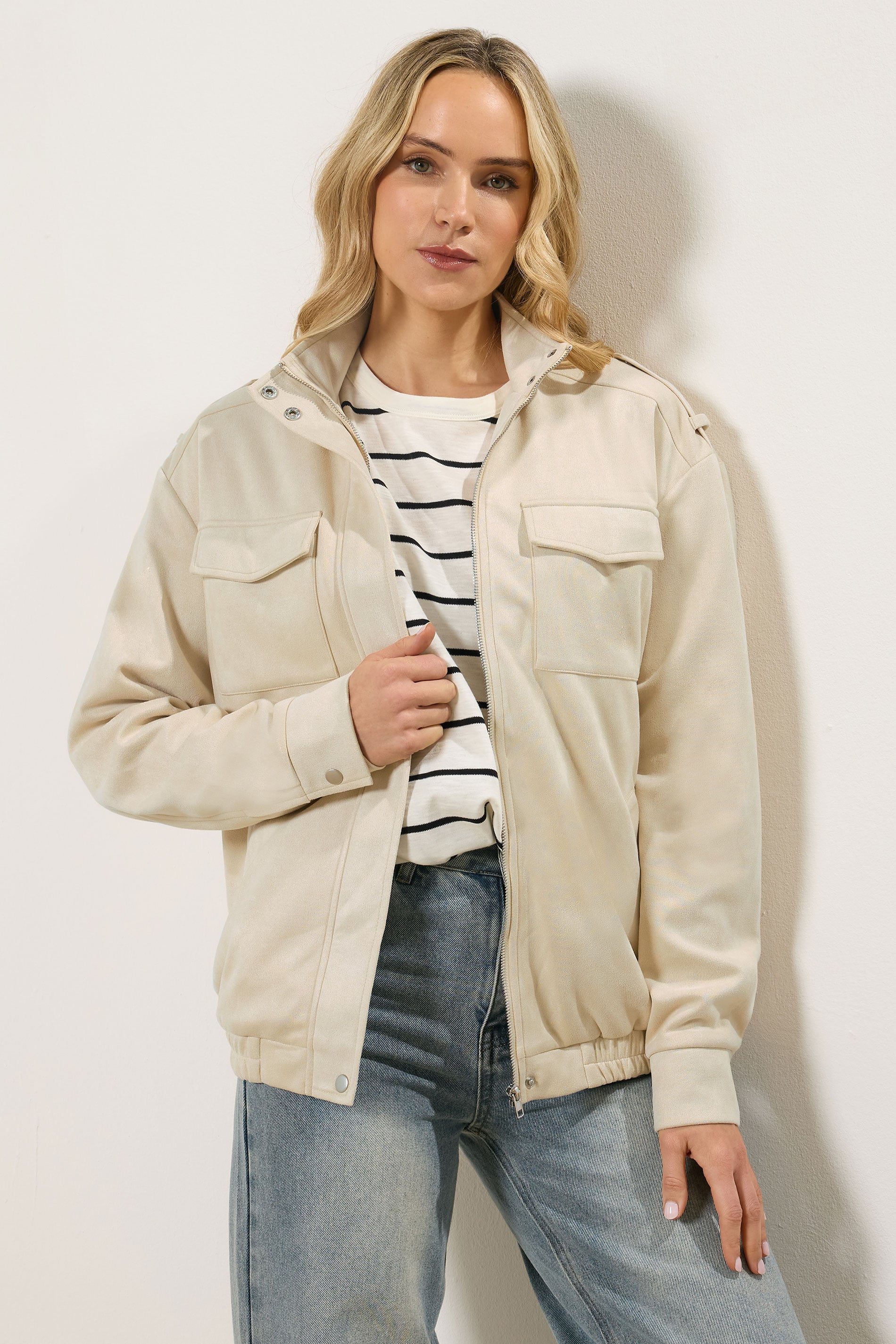 LTS Tall Women's Cream Faux Suede Funnel Neck Jacket | Long Tall Sally 3