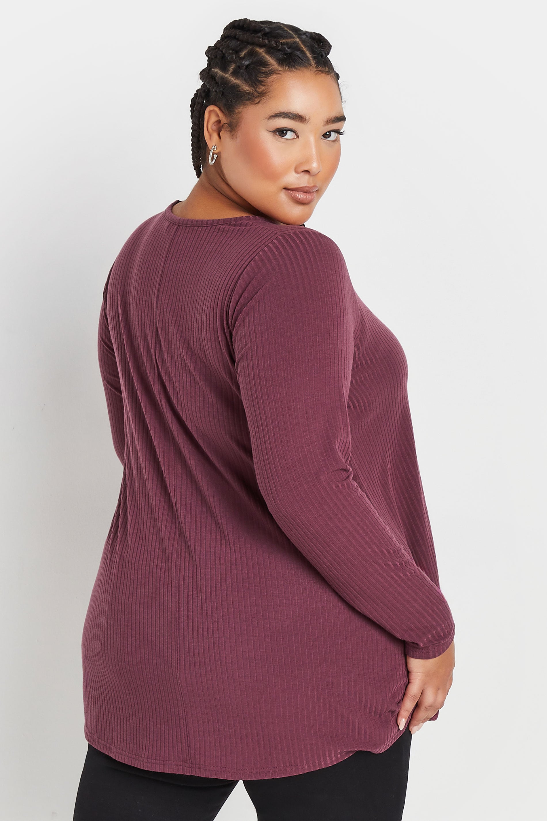 YOURS Plus Size Purple Long Sleeve Ribbed Swing Top | Yours Clothing 2