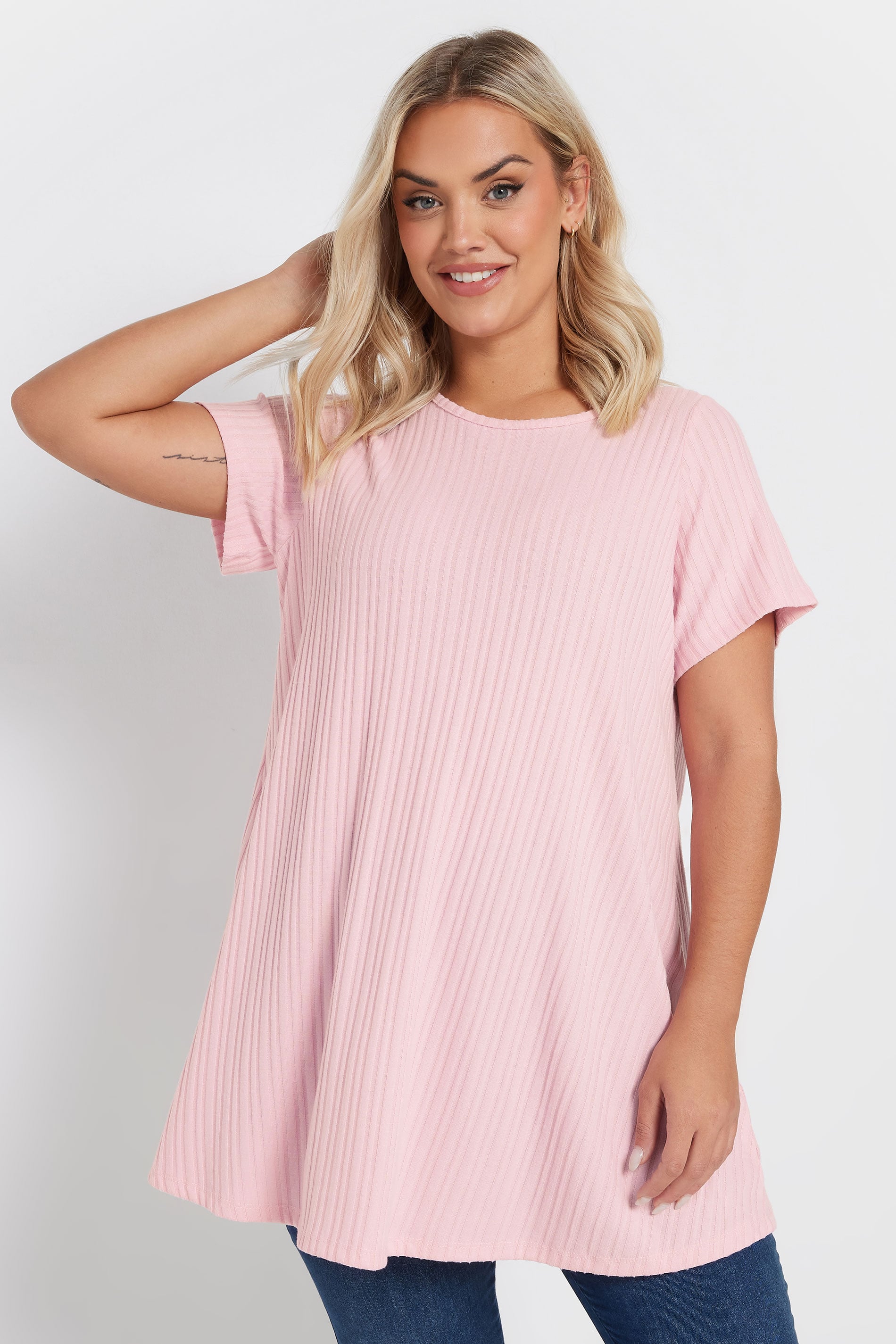 YOURS Plus Size Light Pink Swing Ribbed Top | Yours Clothing 3