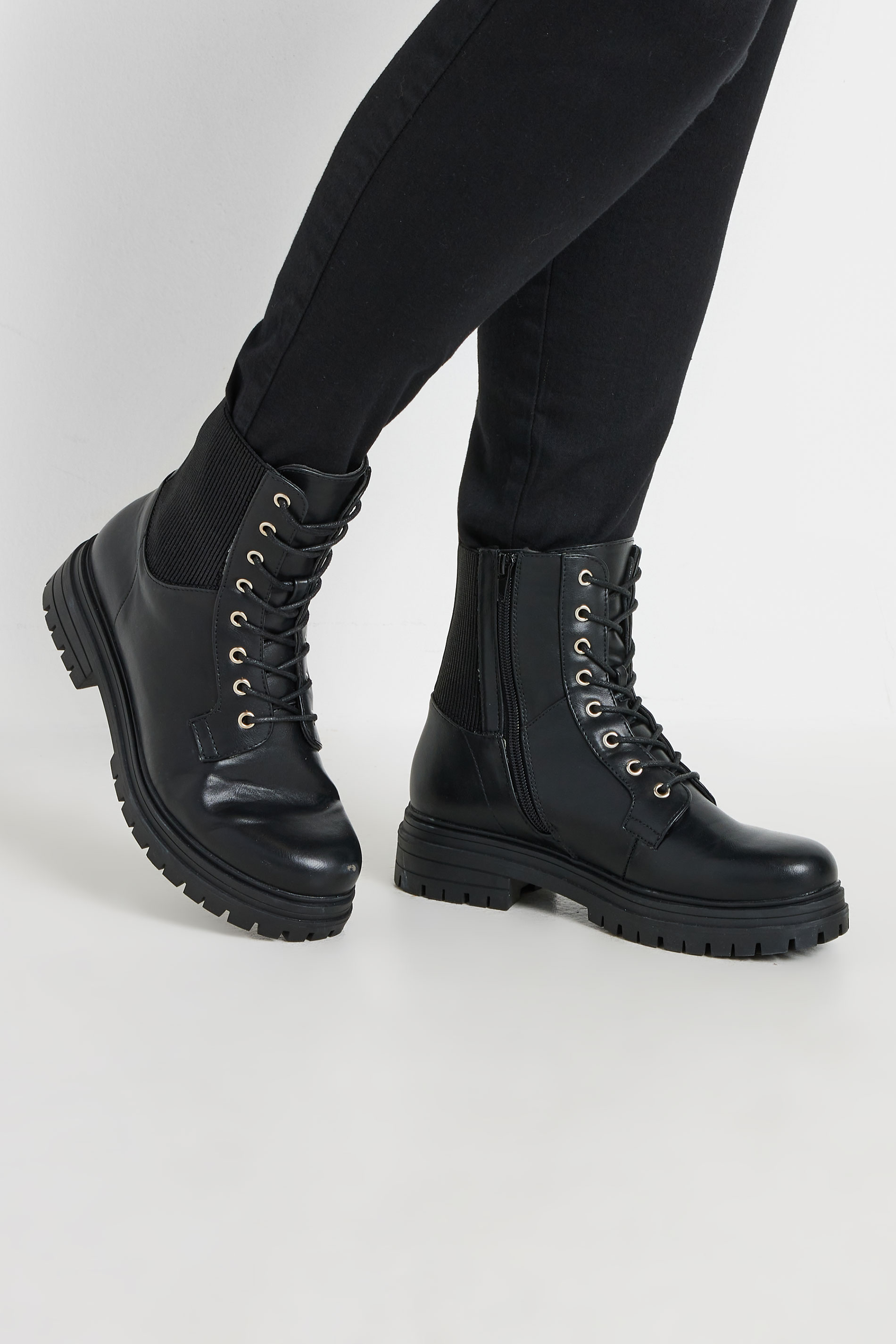 Black Stretch Panel Lace Up Chunky Boots In Wide E Fit & Extra Wide EEE Fit | Yours Clothing 3