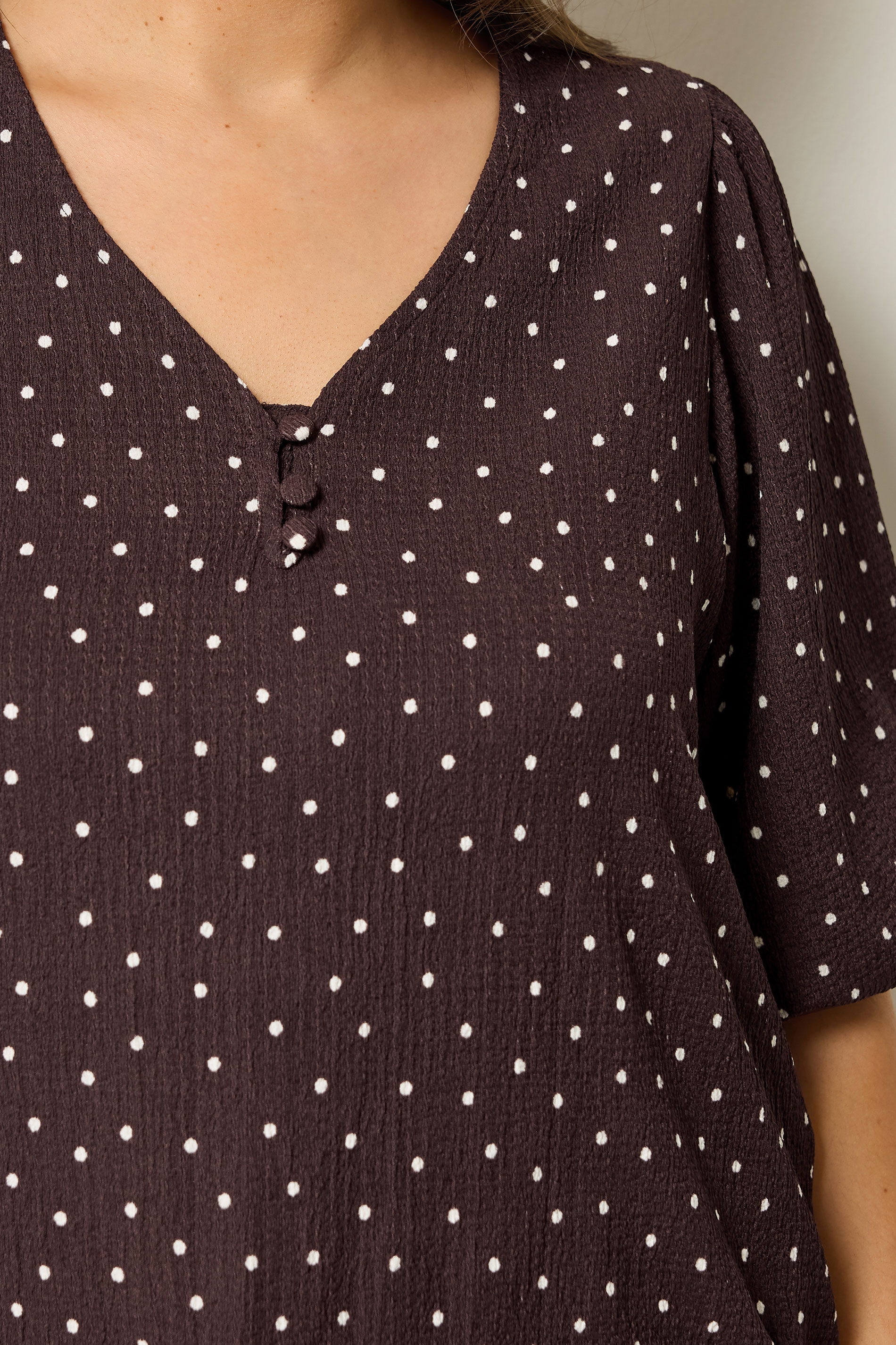 YOURS Plus Size Chocolate Brown Polka Dot Puff Sleeve Top | Yours Clothing 4