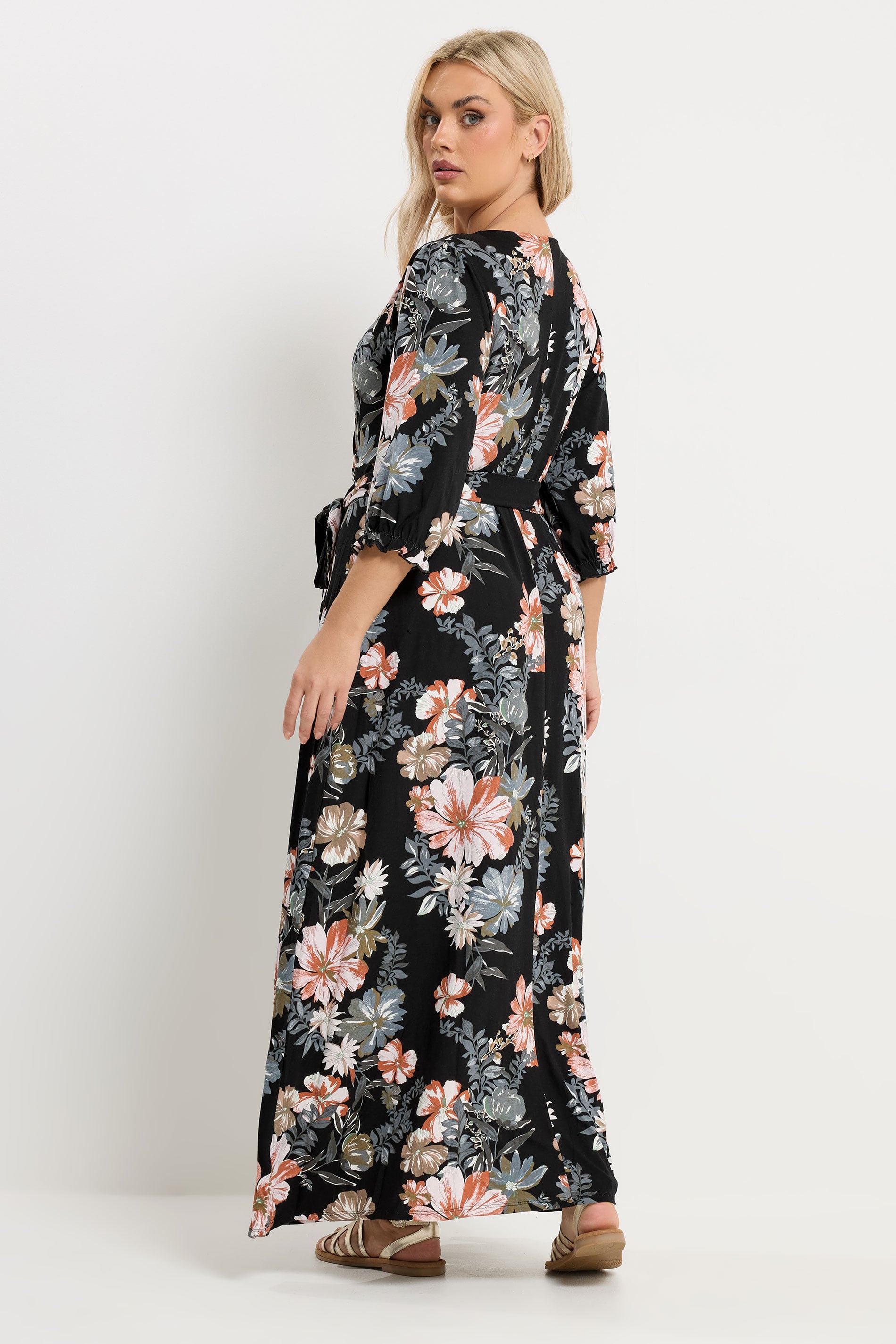 YOURS Plus Size Black Floral V-Neck Wrap Dress | Yours Clothing 2