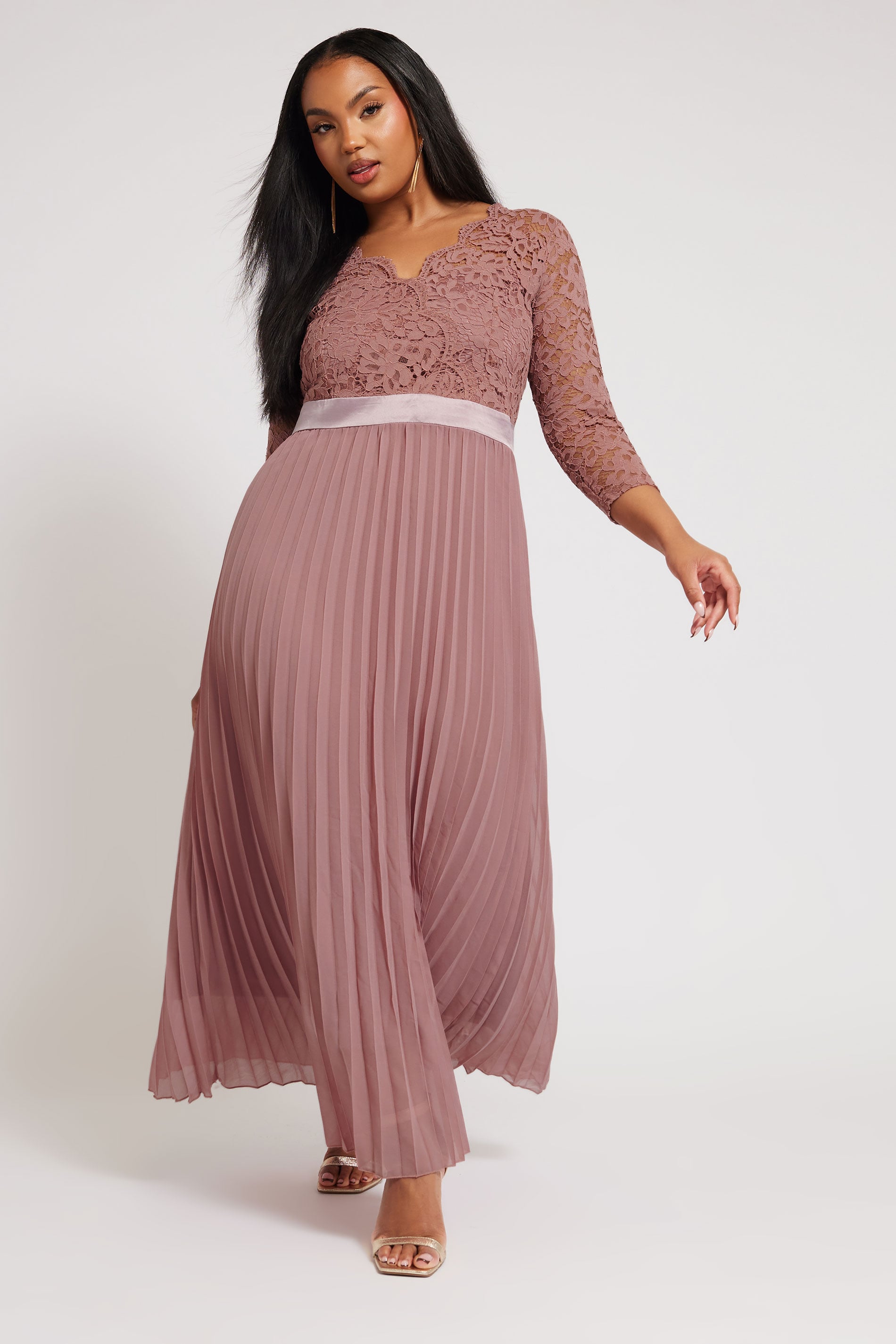 Plus Size YOURS LONDON Curve Blush Pink Lace Pleated Maxi Dress | Yours Clothing  3