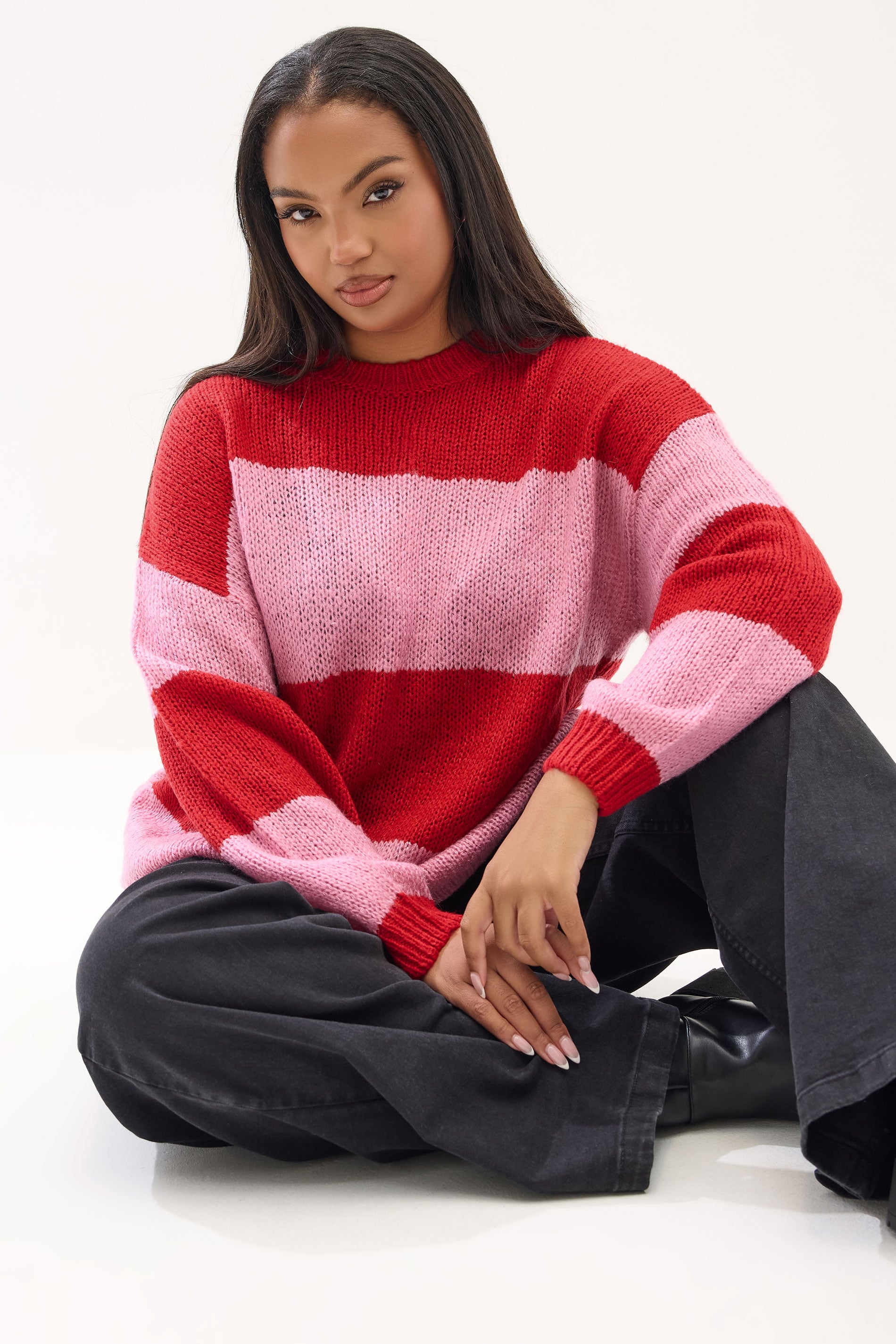 YOURS Plus Size Red & Pink Striped Soft Touch Knitted Jumper | Yours Clothing 3