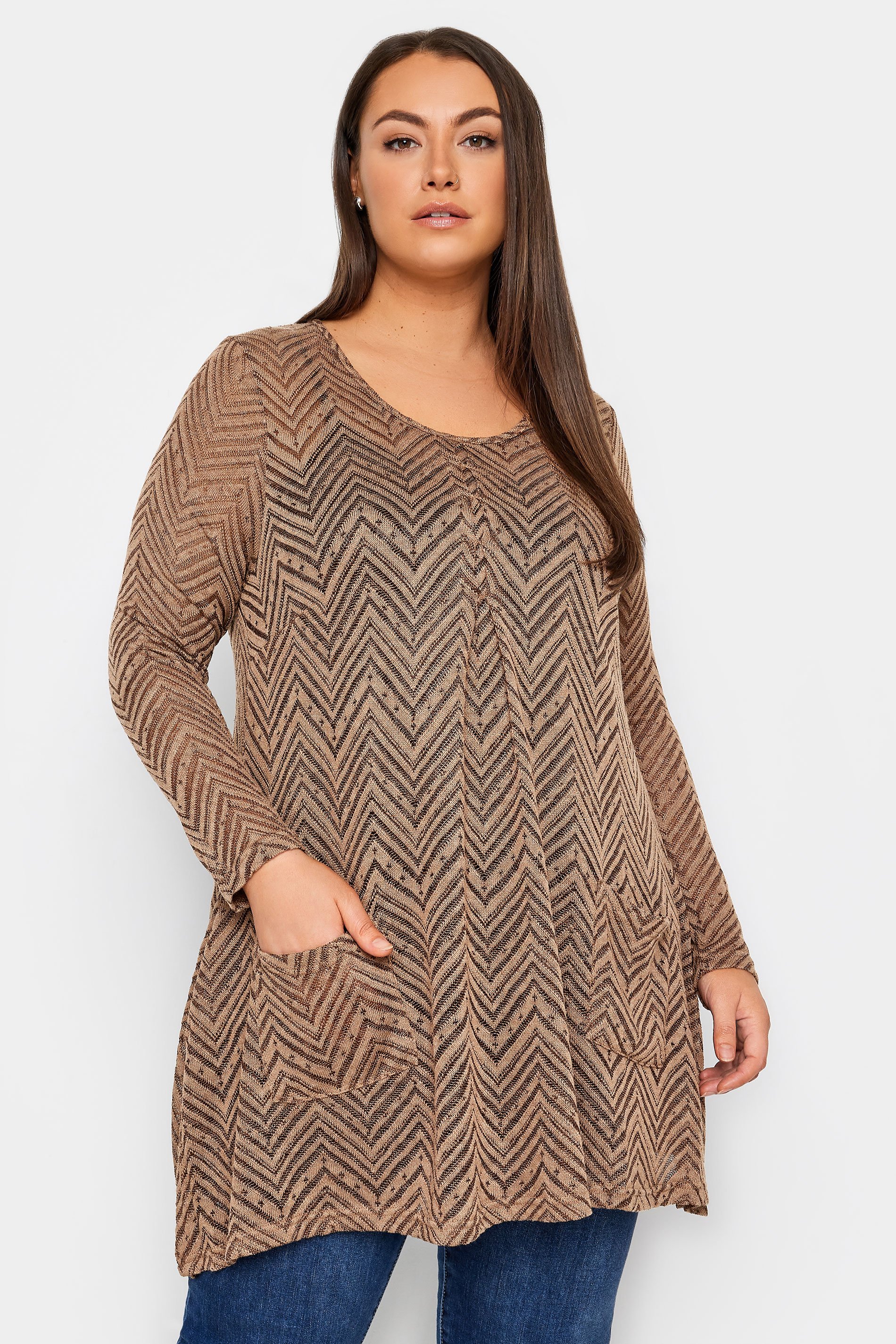 Evans Natural Brown Chevron Long Sleeve Top 1