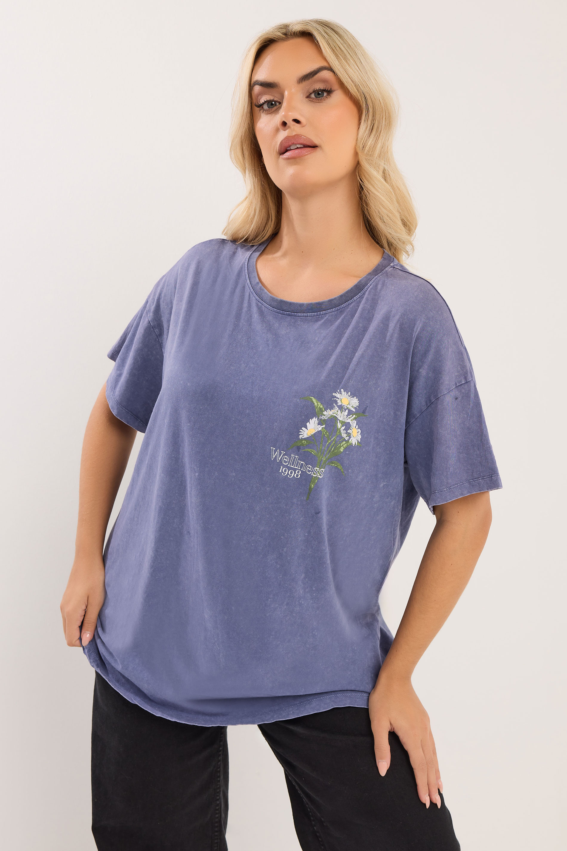 YOURS Plus Size Blue 'Wellness' Daisy Back Print T-Shirt | Yours Clothing 1
