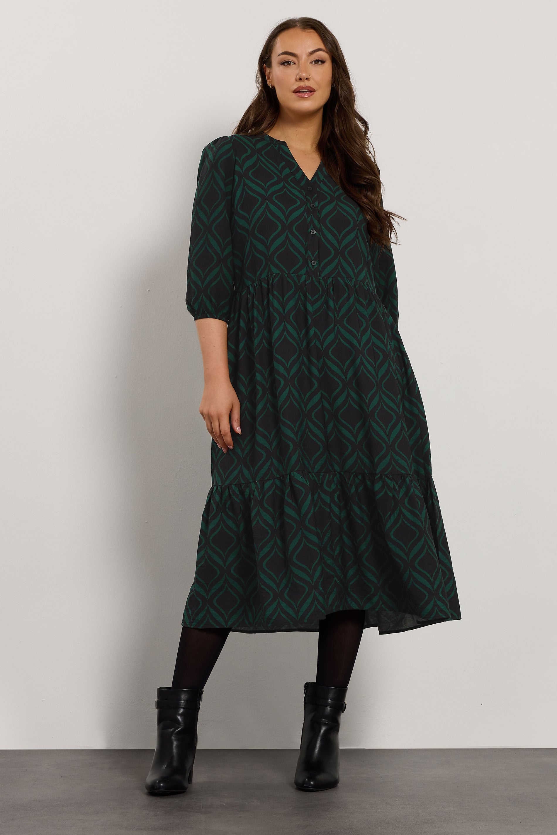 EVANS Plus Size Black Geometric Print Half Placket Dress | Evans 3