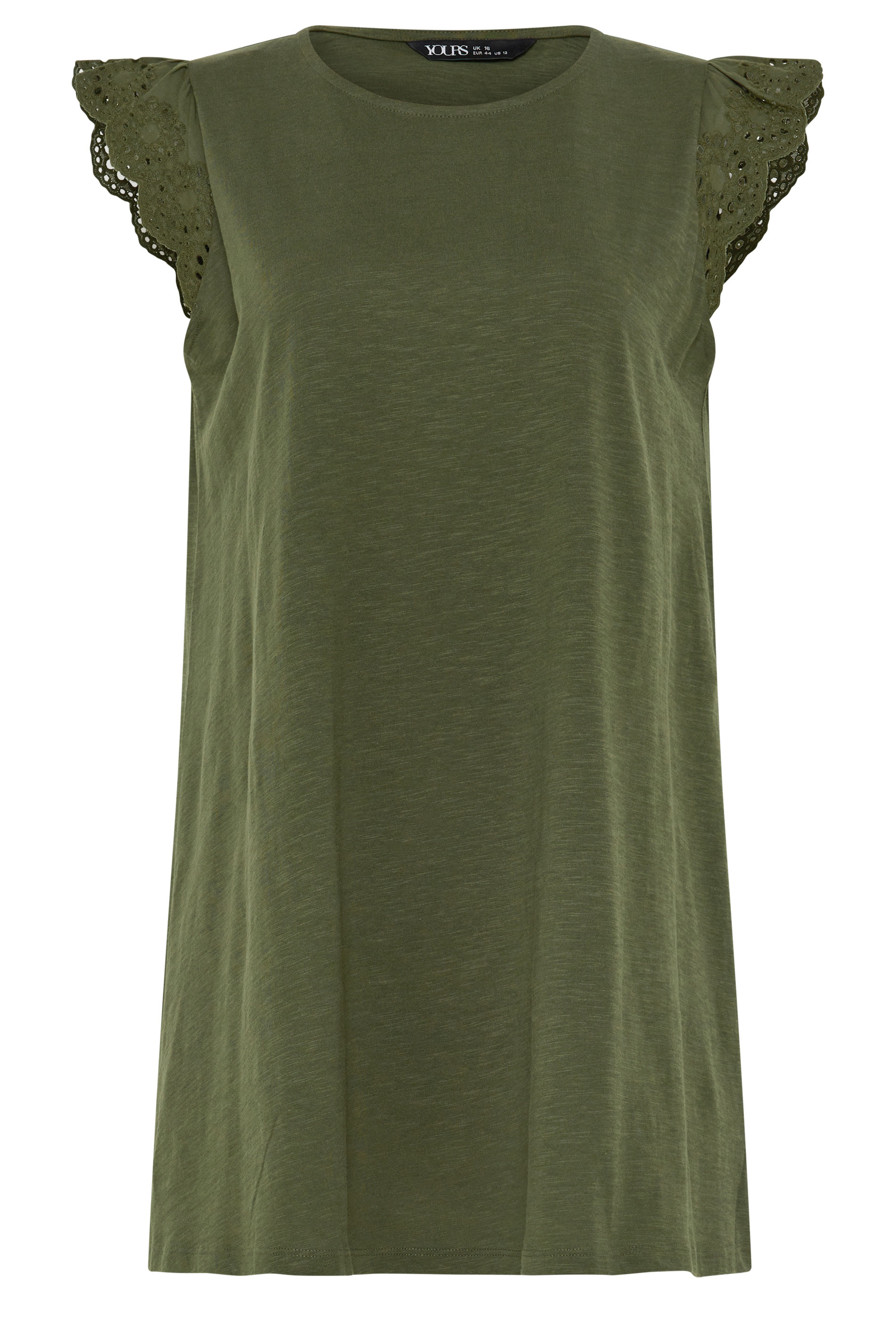 YOURS Plus Size Khaki Green Broderie Frill Vest Top | Yours Clothing 6
