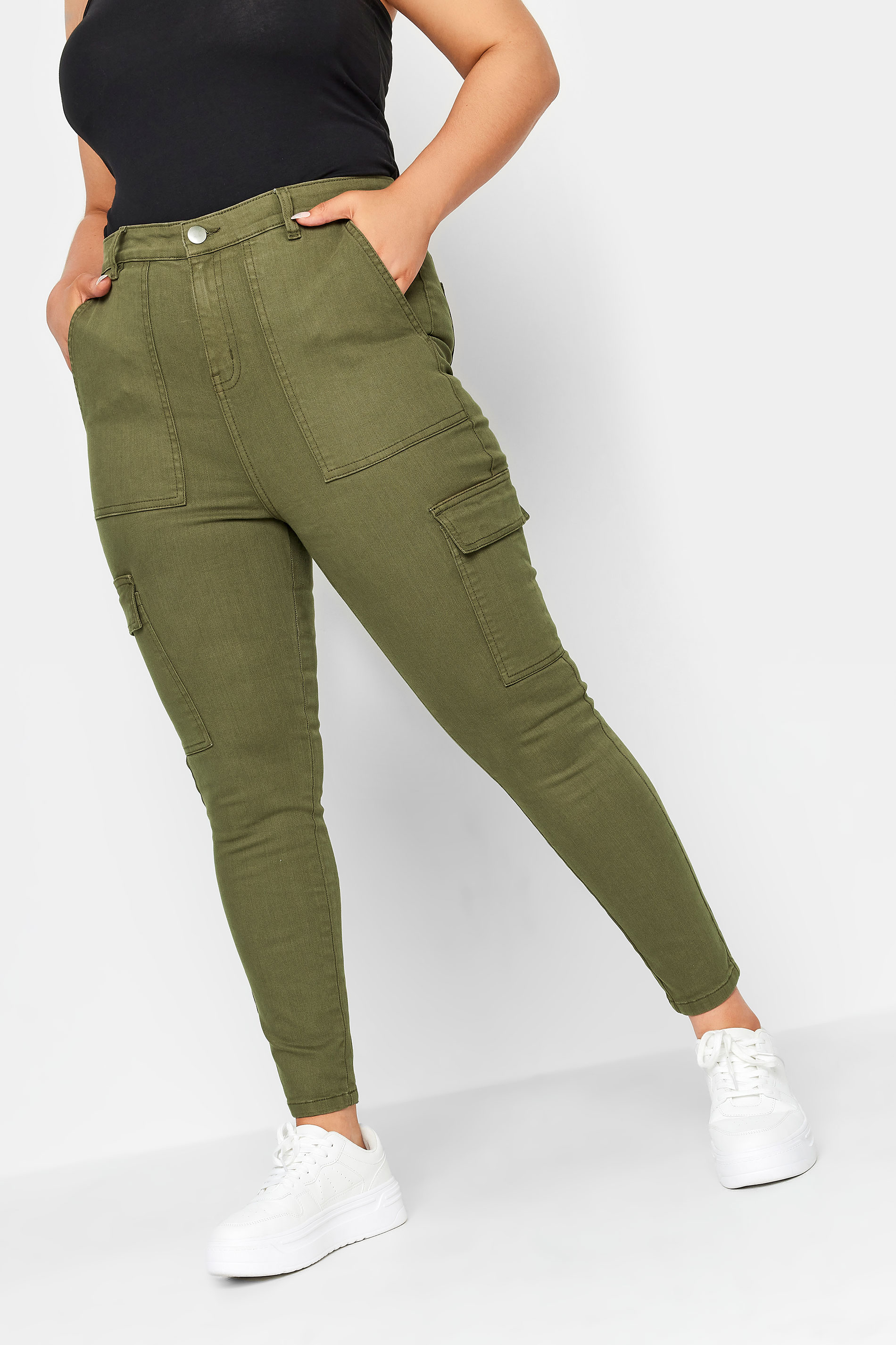 YOURS Curve Plus Size Khaki Green Cargo AVA Jeans | Yours Clothing  1