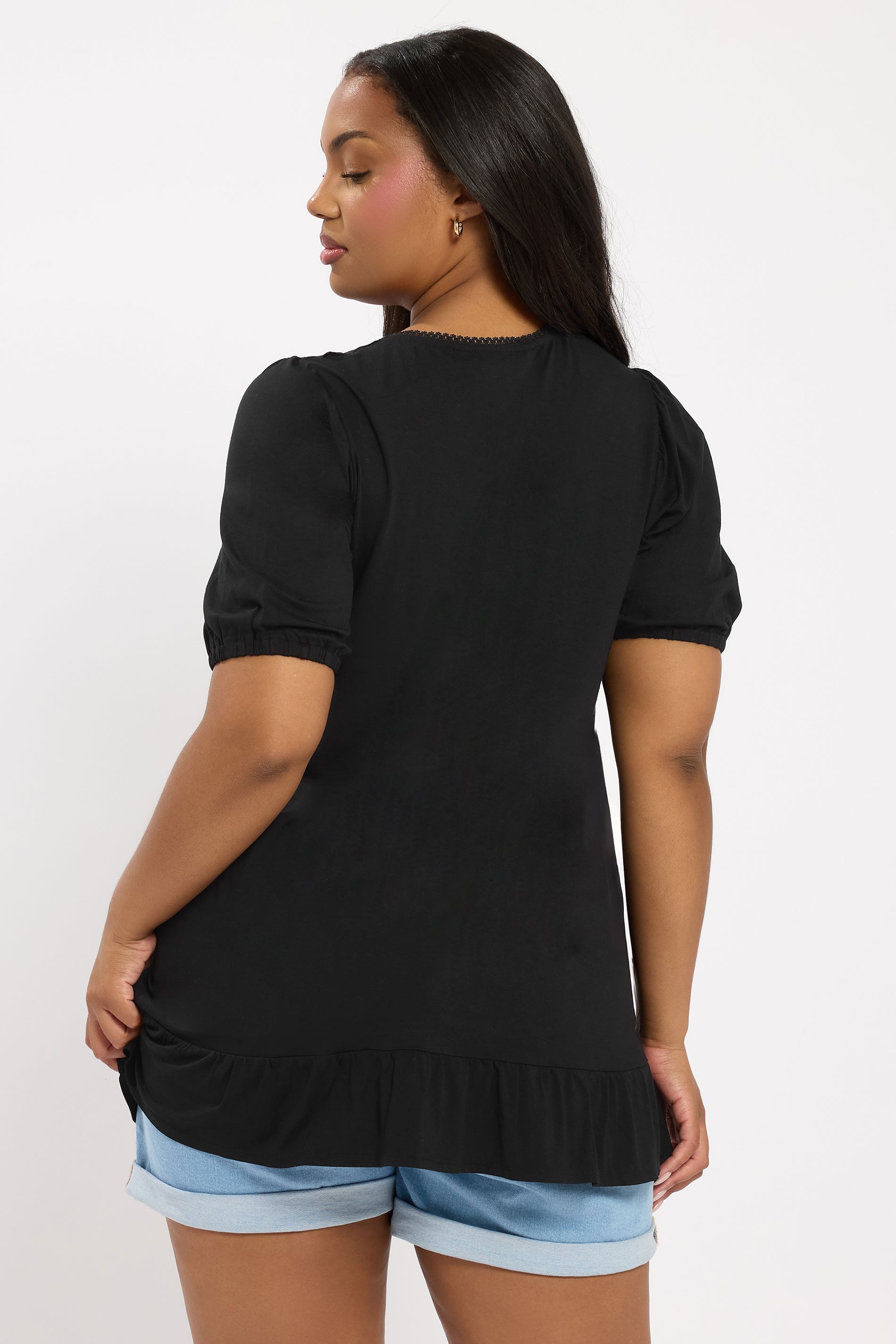 YOURS Plus Size Black Jersey Lace Frill Smock Top | Yours Clothing 2