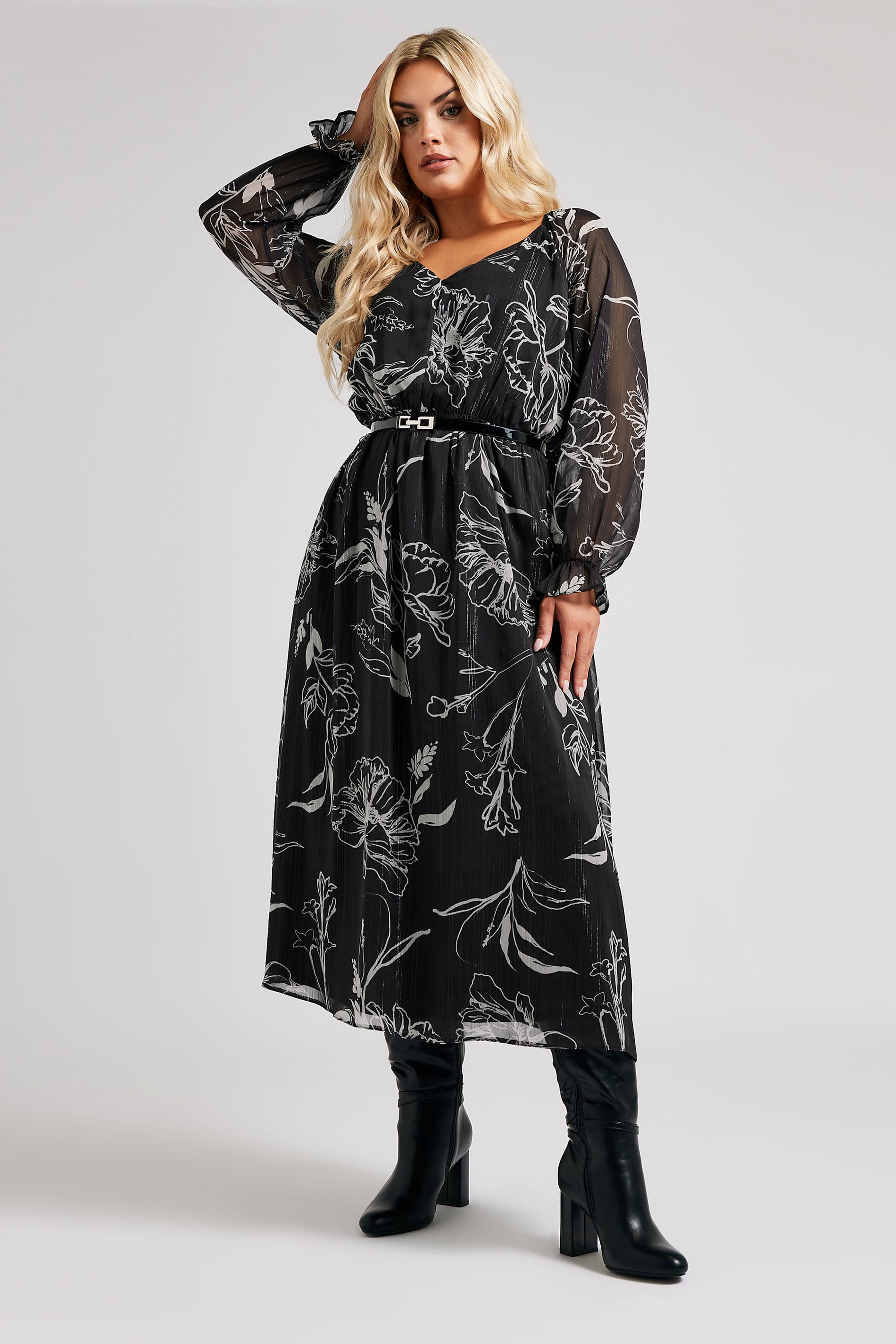 YOURS LONDON Plus Size Black & White Floral Print Metallic Maxi Dress | Yours Clothing 4