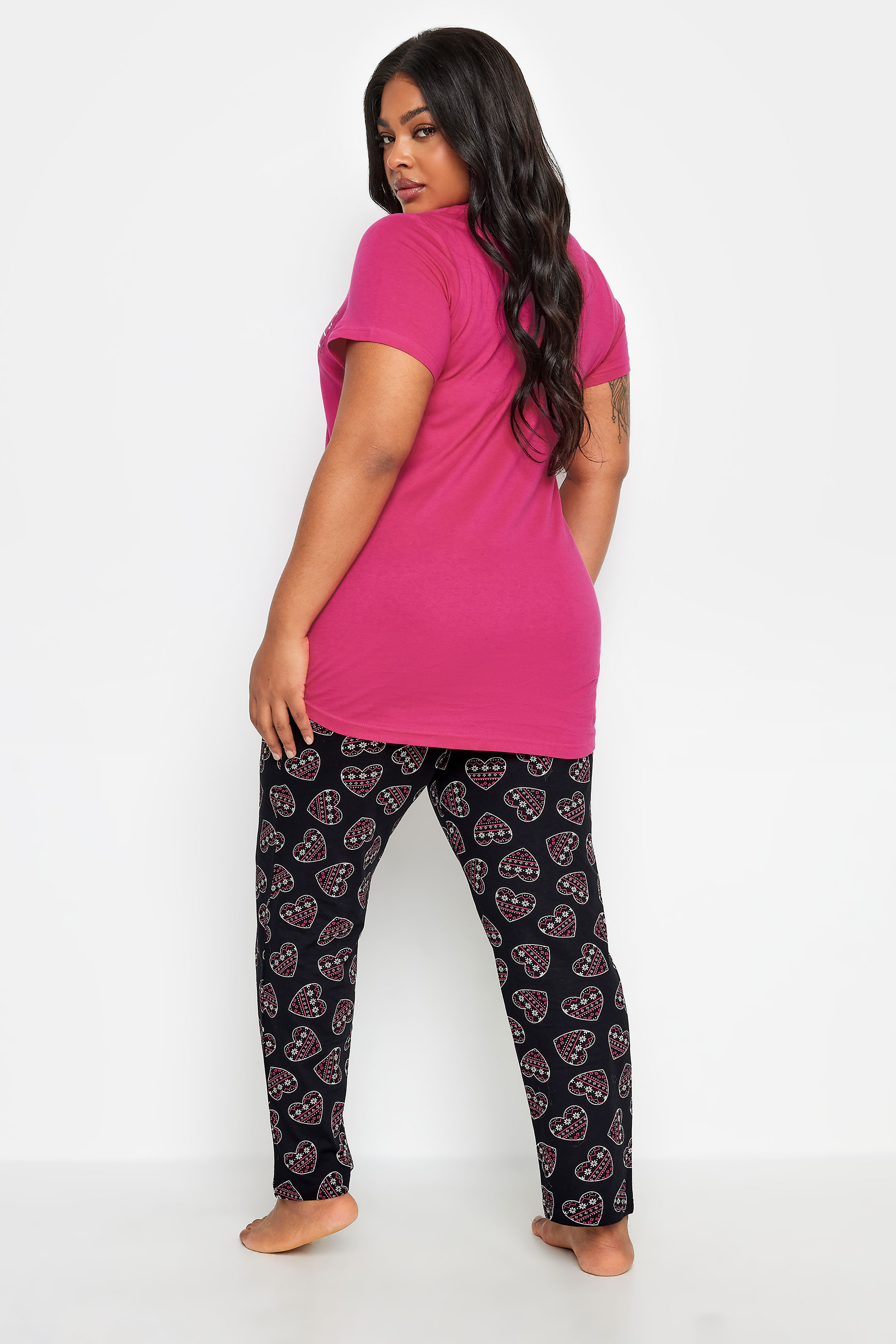 YOURS Plus Size Pink Fairisle Heart Print Pyjama Set | Yours Clothing 3