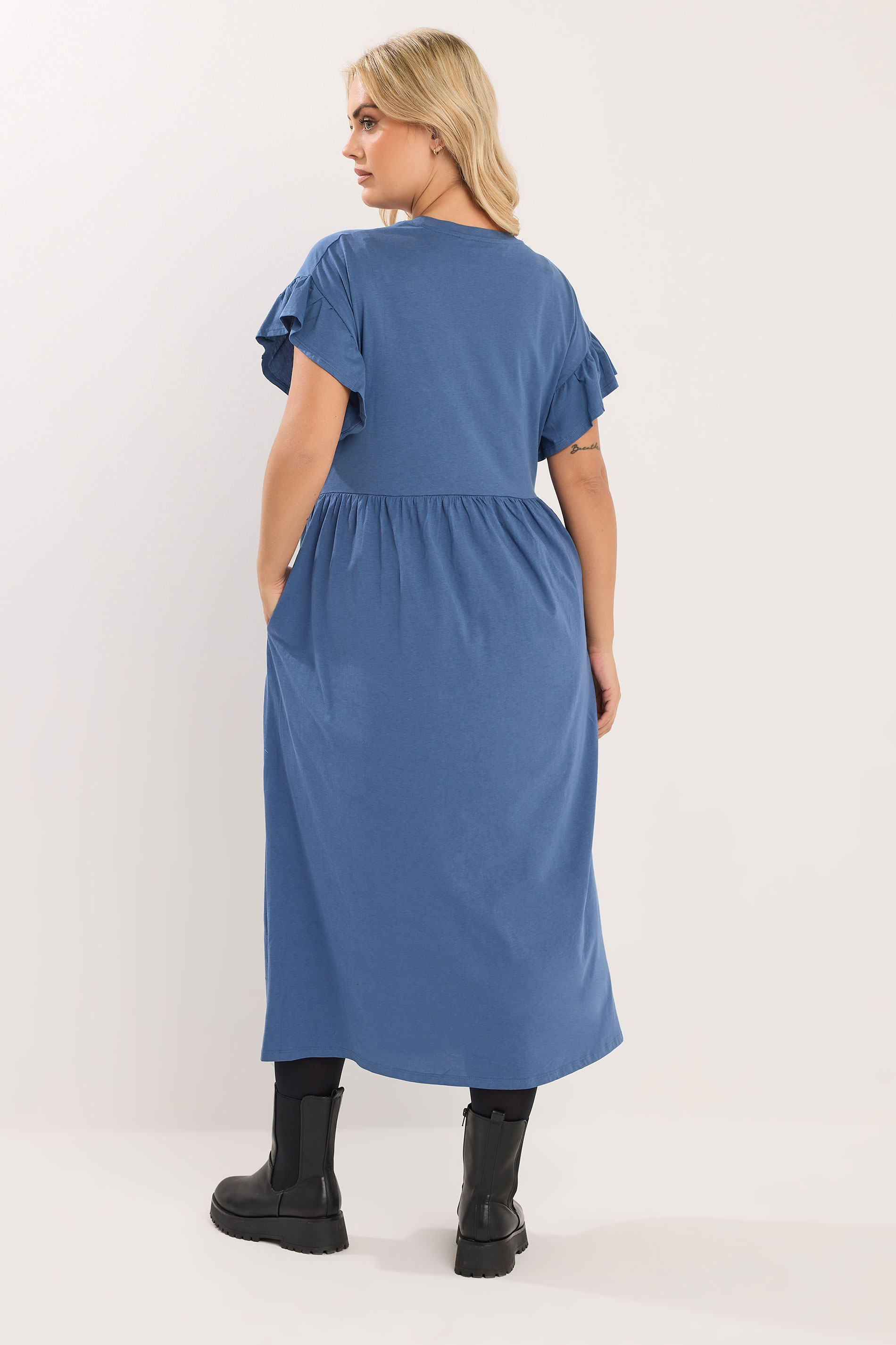 YOURS Plus Size Blue Frill Sleeve Cotton Maxi Dress | Yours Clothing 2