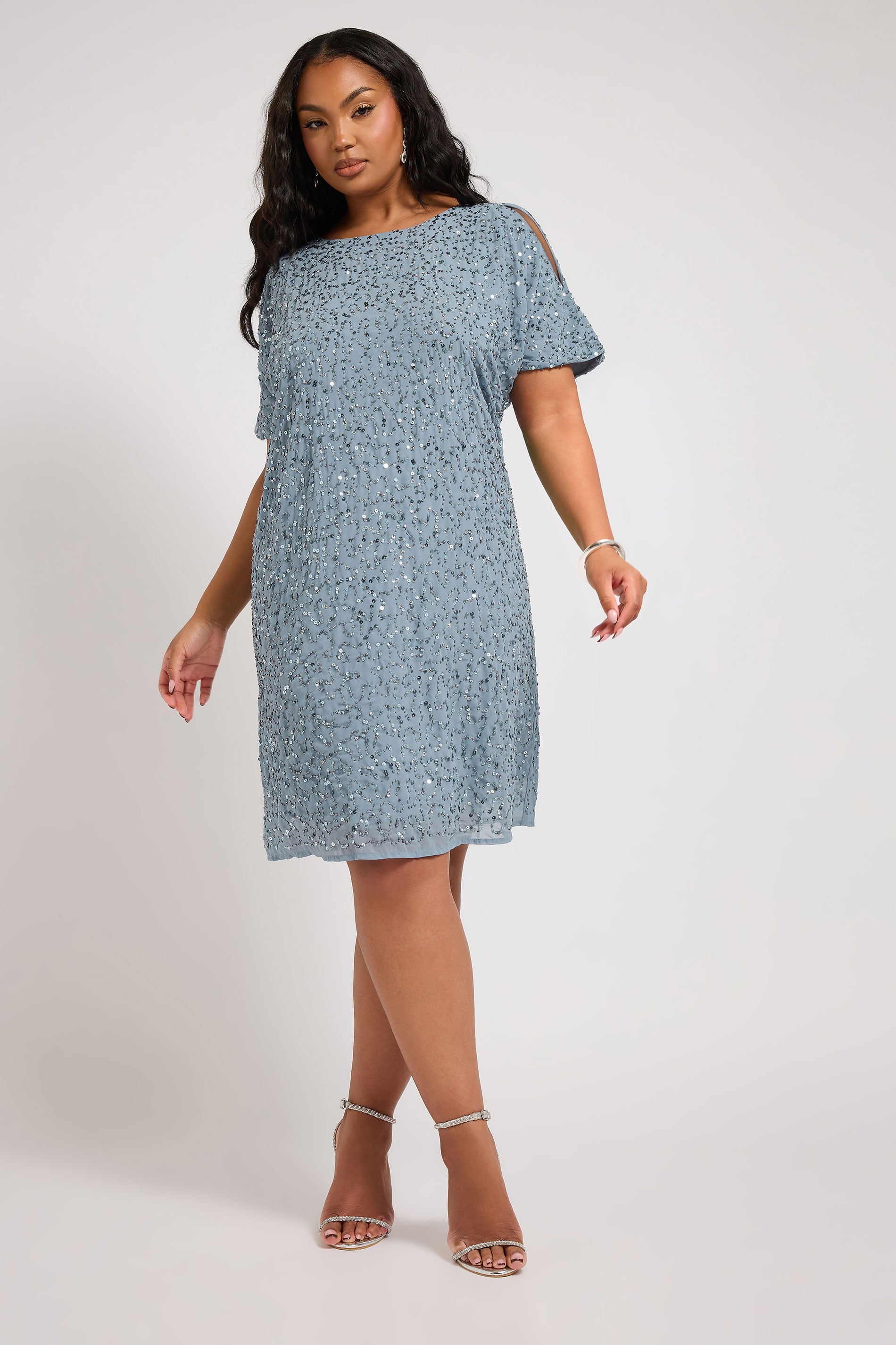 LUXE Plus Size Light Blue Sequin Hand Embellished Cape Dress | Yours Clothing 1