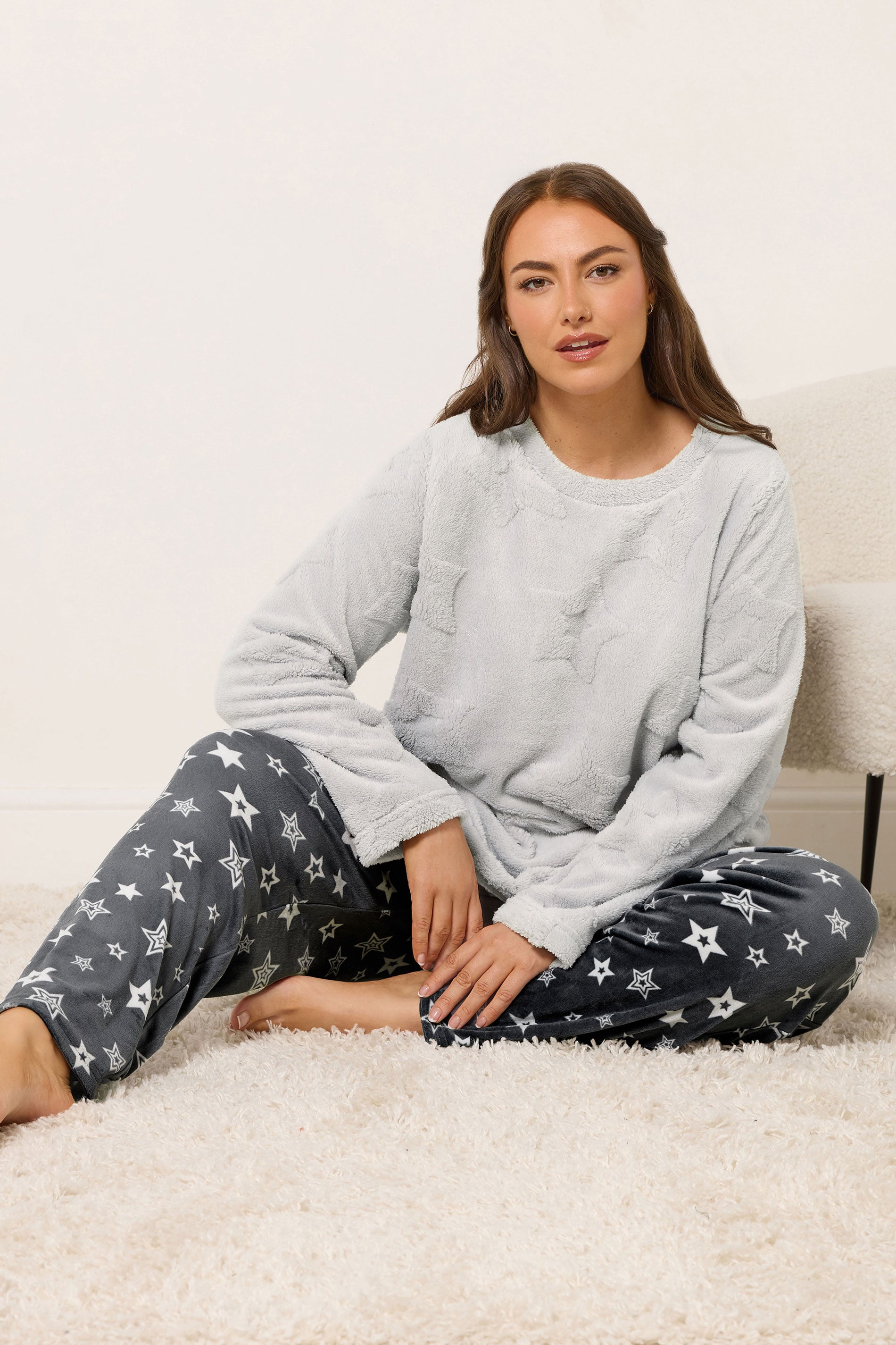 YOURS Plus Size Grey Embossed Star Borg Lounge Set | Yours Clothing 1